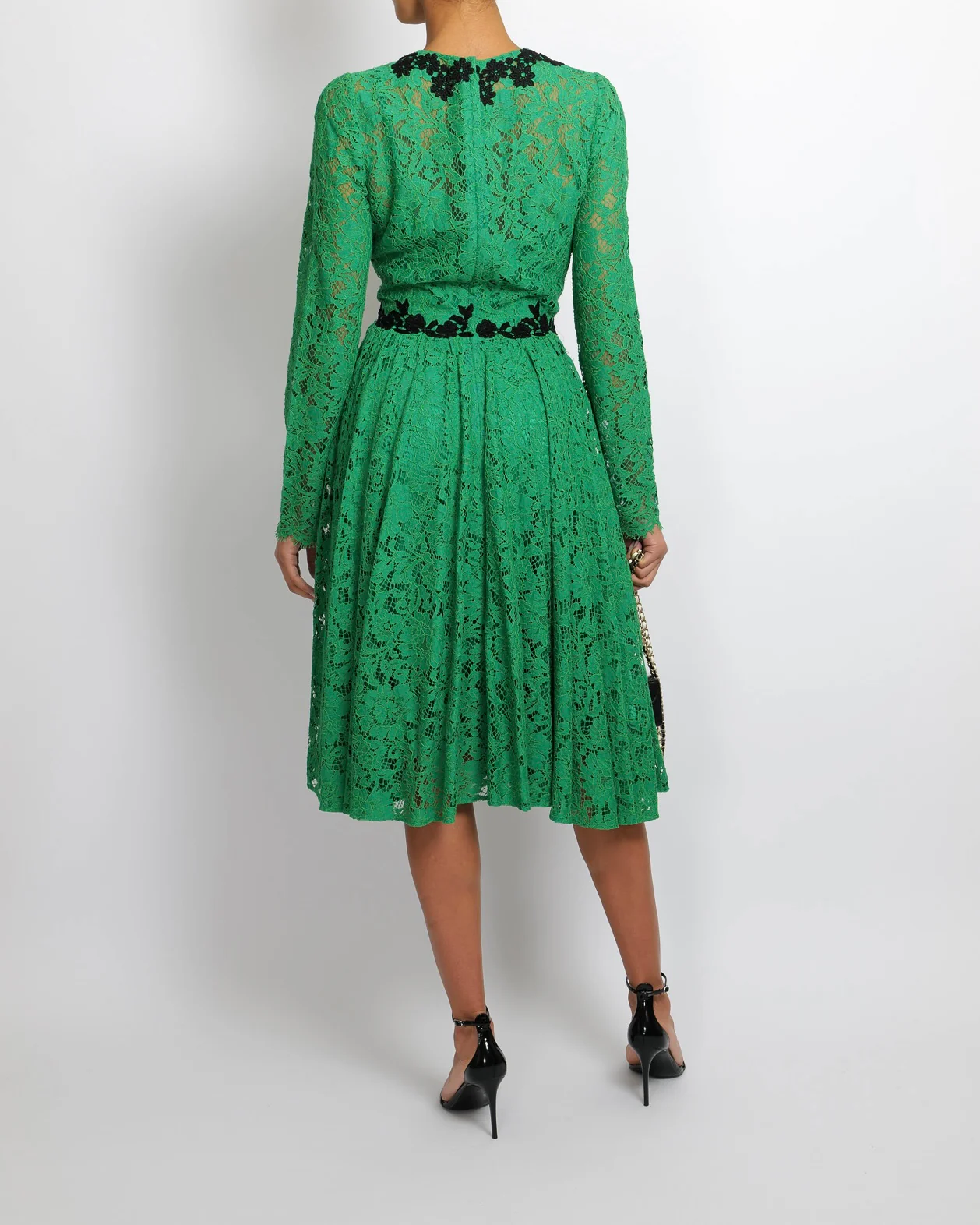 Dolce & Gabbana Apple Green Lace Midi Dress with Black Floral Collar and Waist Detail Size IT 42 (UK 10) - Image 4