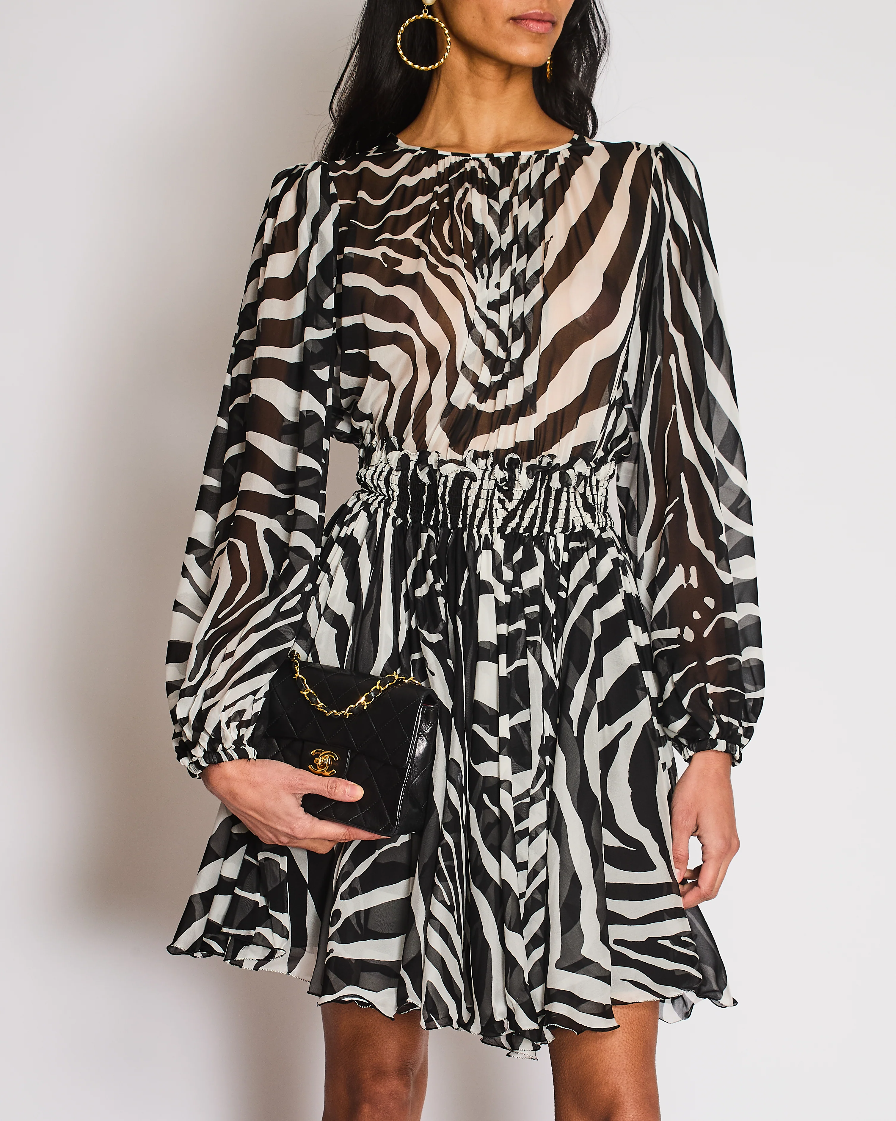 Dolce & Gabbana Black and White Zebra Elasticated Waist Silk Dress with Open Back Size IT 42 (UK 10) - Image 2