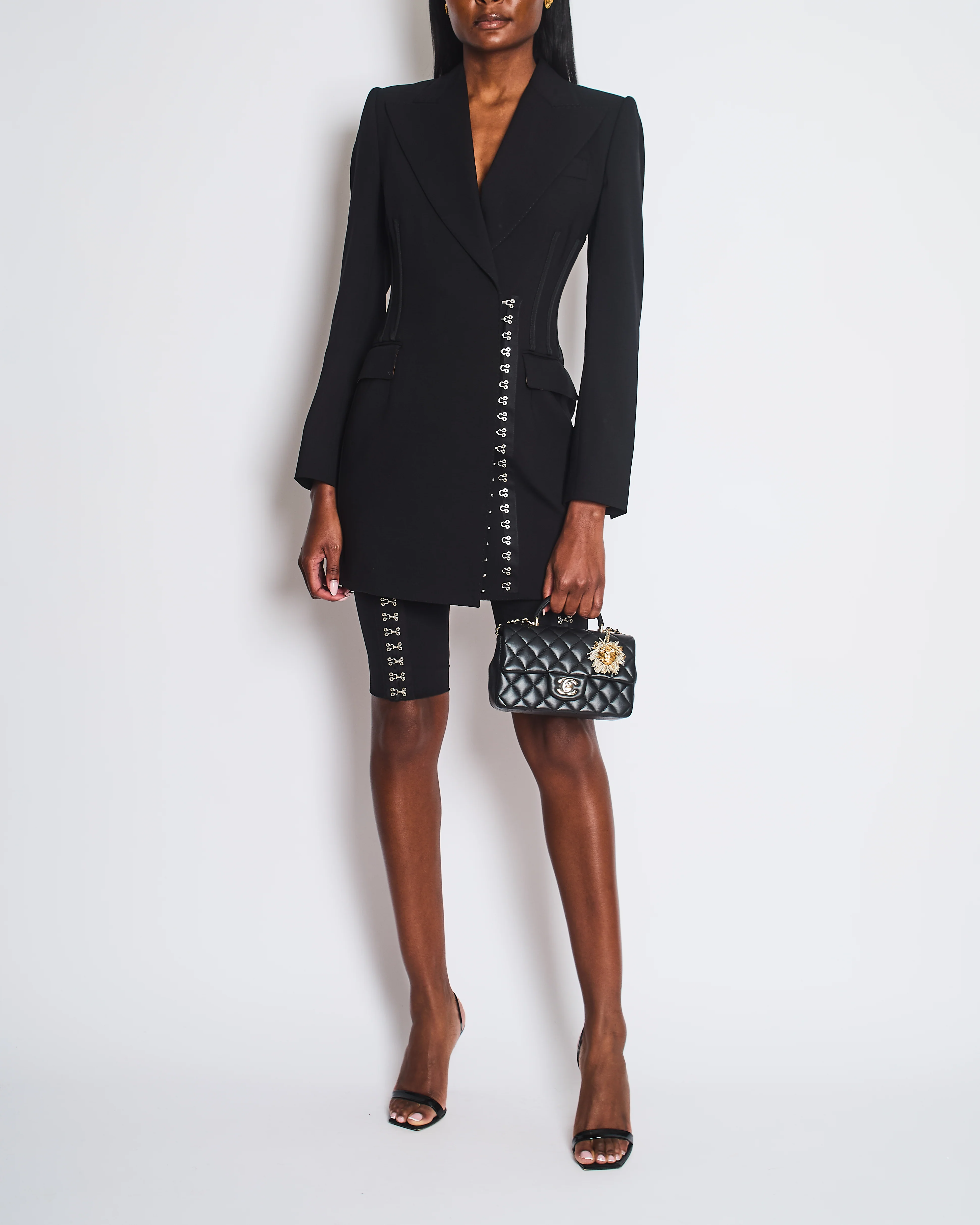 Dolce & Gabbana Black Double-Breasted Blazer with Hook and Eye Fastenings & Capri Pants with Hook and Eye Fastenings Set Size IT 38 (UK 6)