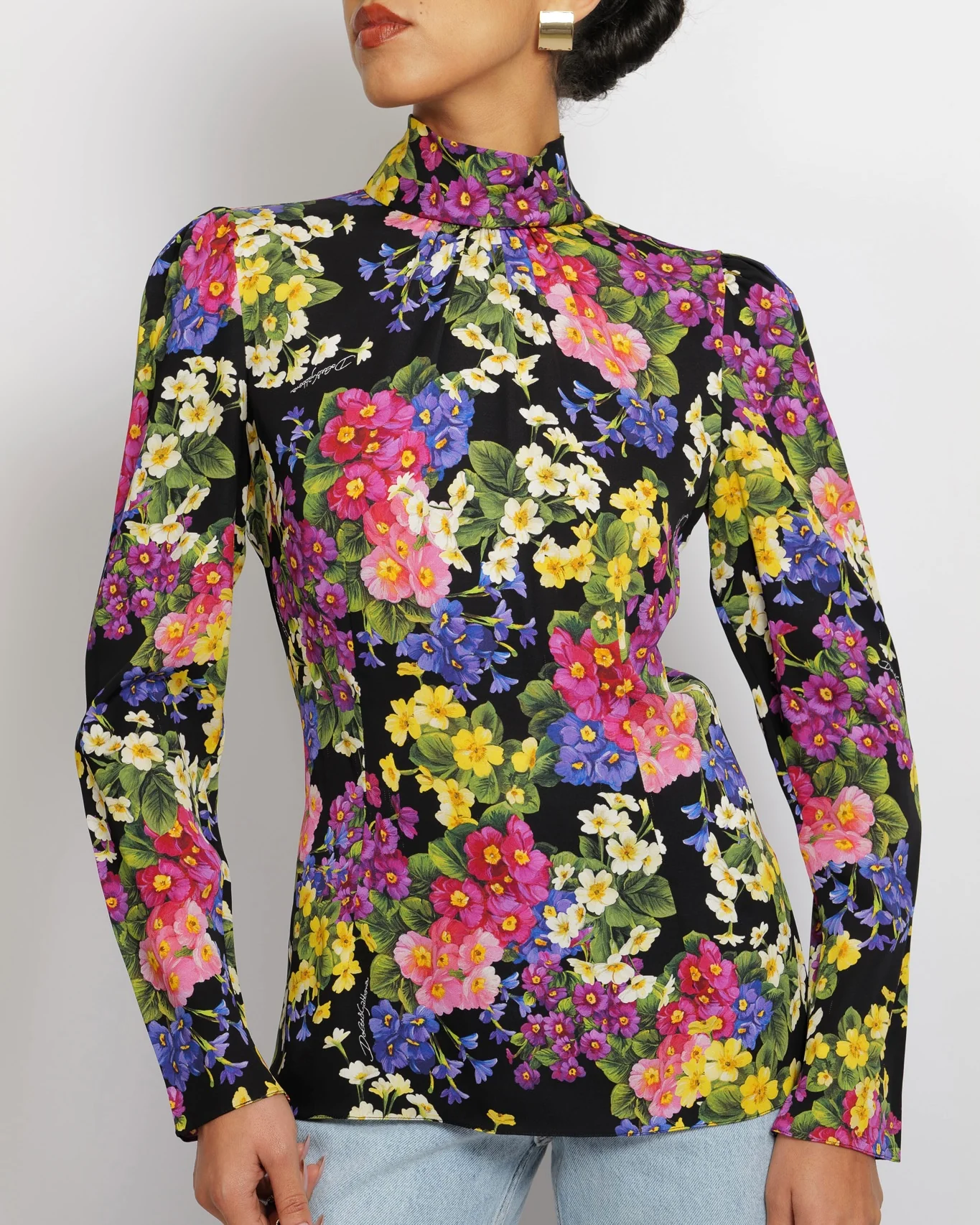Dolce & Gabbana Black Silk Long-Sleeved Top with Multi-Colour Floral Print Size IT 40 (UK 8) - Image 3
