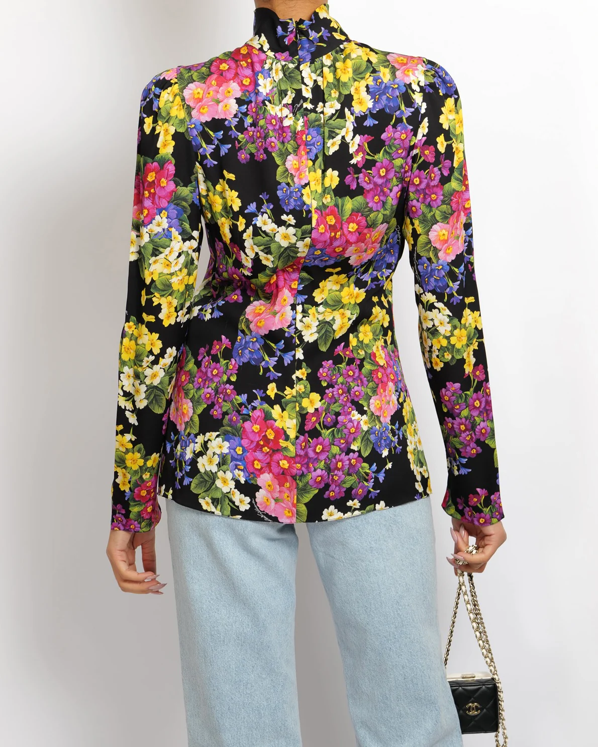 Dolce & Gabbana Black Silk Long-Sleeved Top with Multi-Colour Floral Print Size IT 40 (UK 8) - Image 5