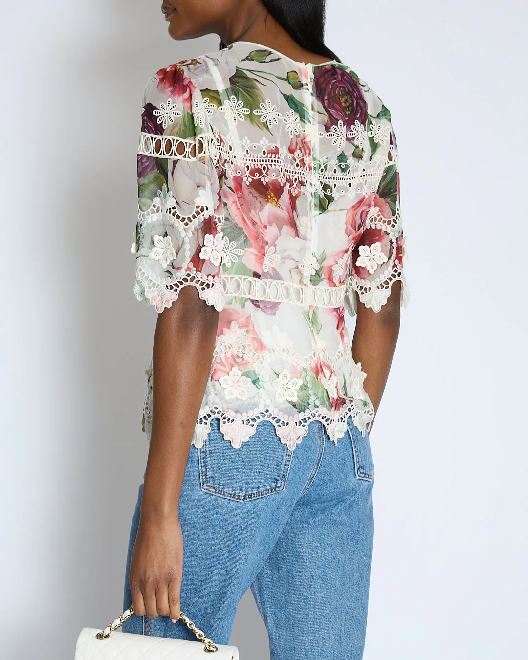 Dolce & Gabbana White and Pink Flower Pattern Top with Lace Detail Size IT 46 (UK 14) - Image 2