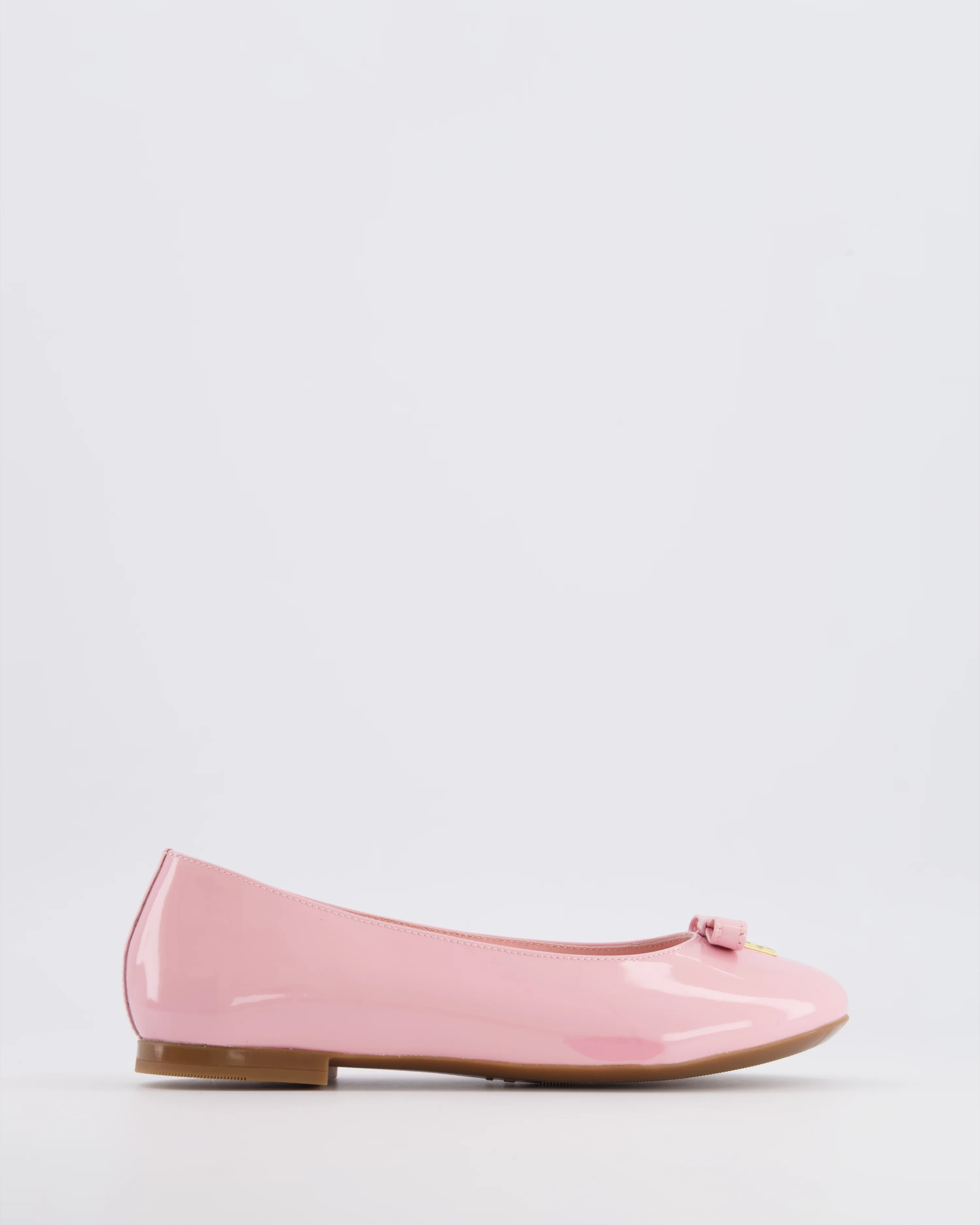 Dolce & Gabbana Kids Pink Patent Leather Ballet Flat Shoes with Gold Logo and Bow Size 34 RRP £315