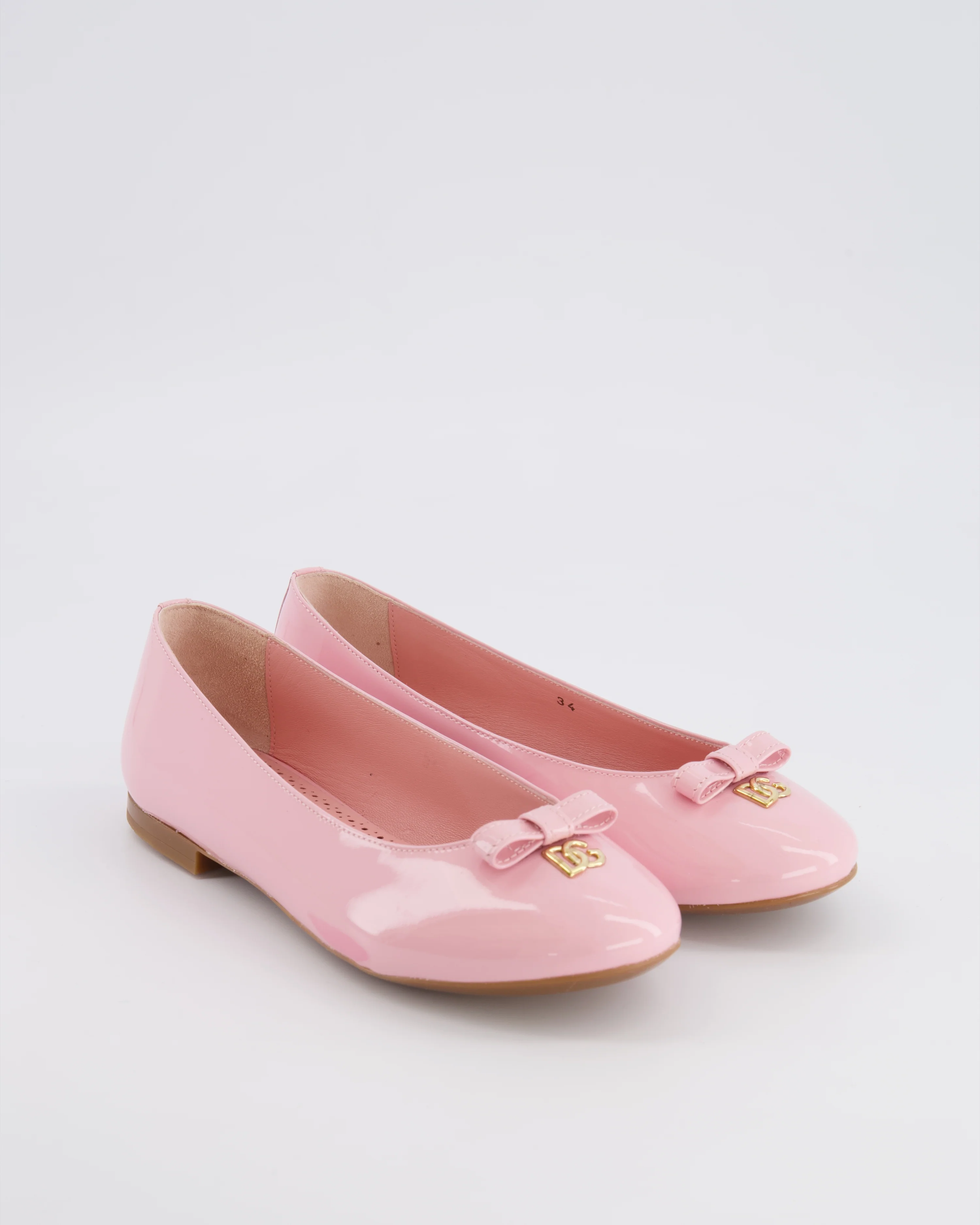 Dolce & Gabbana Kids Pink Patent Leather Ballet Flat Shoes with Gold Logo and Bow Size 34 RRP £315 - Image 2