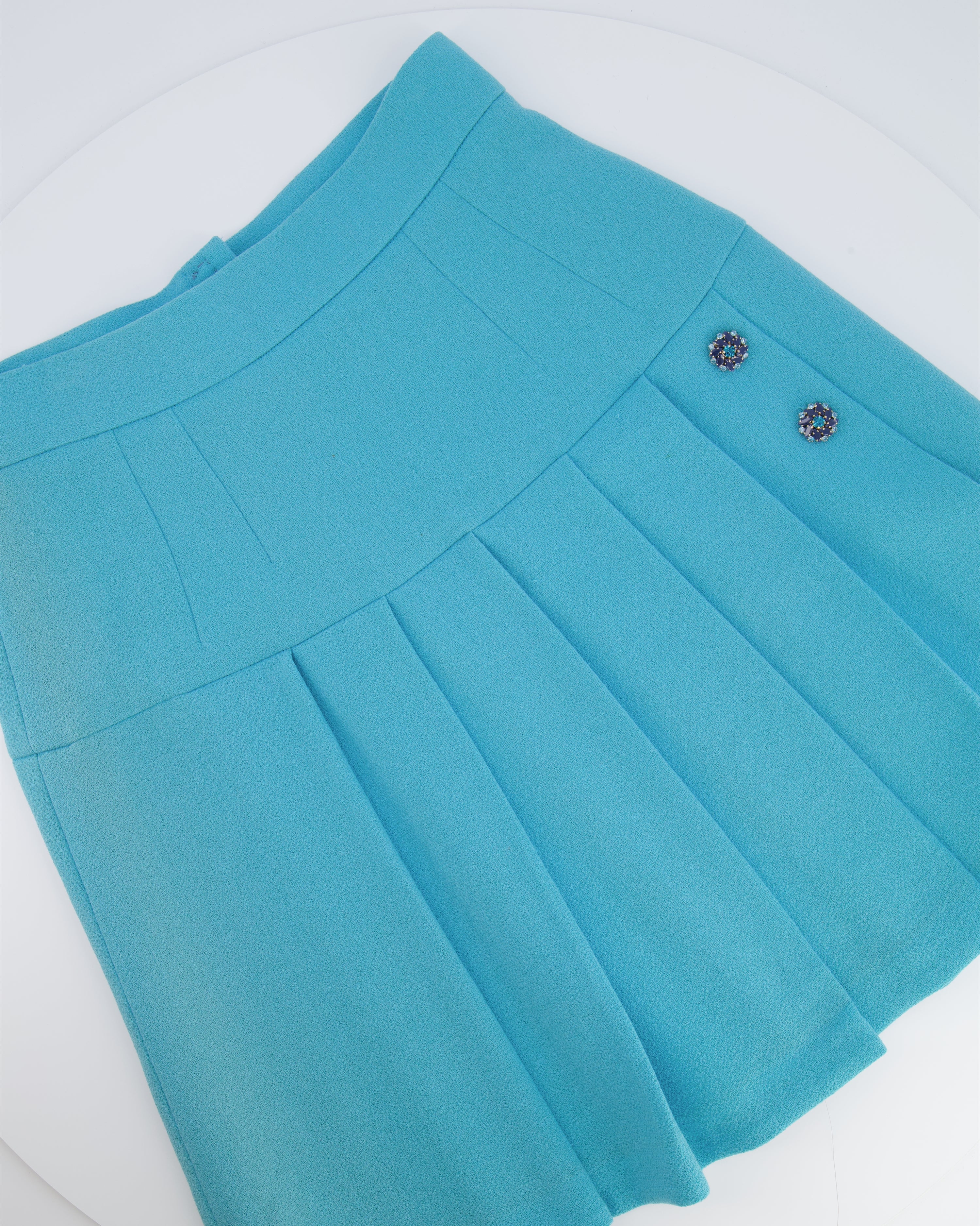Dolce & Gabbana Light Blue Wool Pleated Mini Skirt with Crystal Embellished Buttons Size IT 42 (UK 10) - Image 5