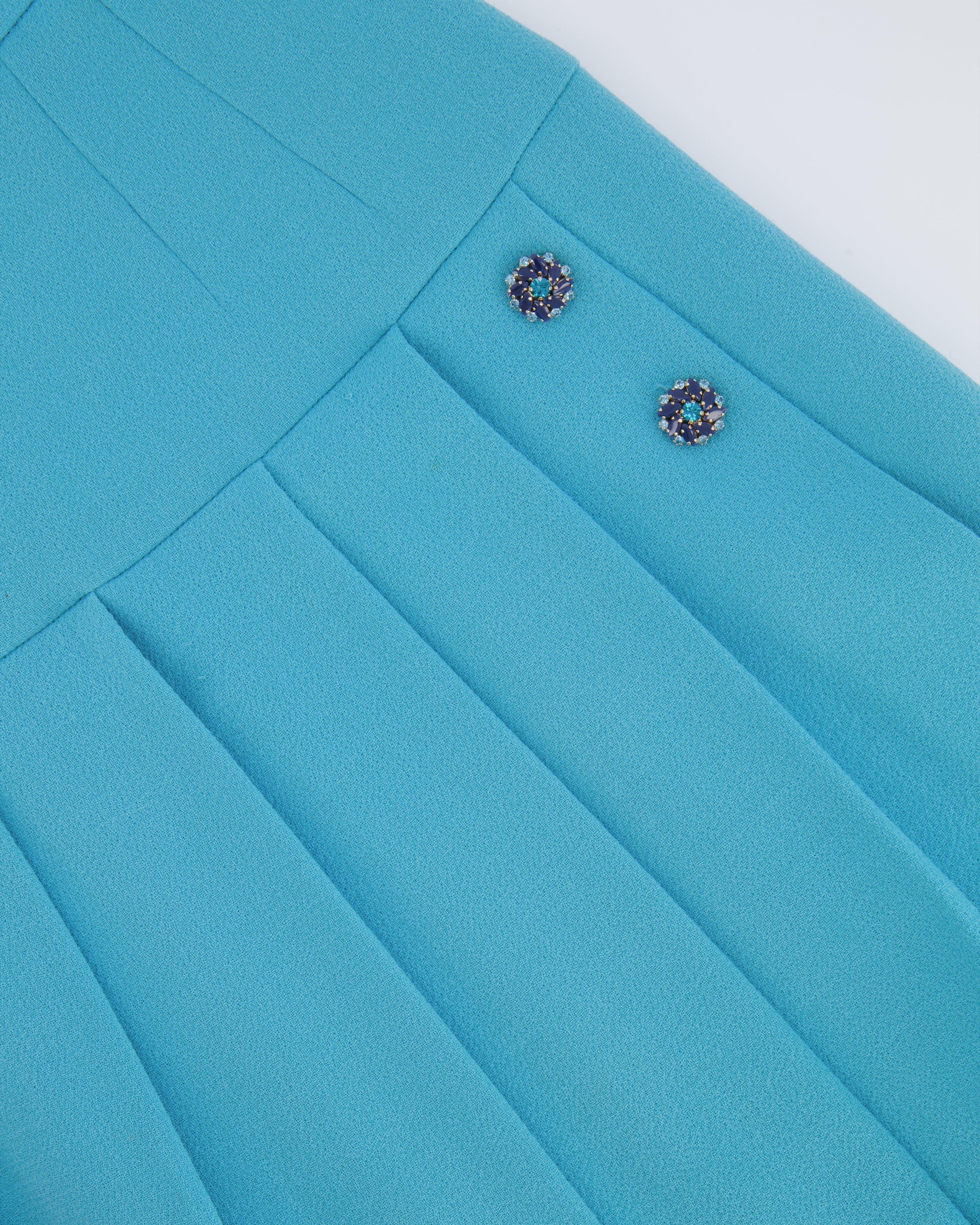 Dolce & Gabbana Light Blue Wool Pleated Mini Skirt with Crystal Embellished Buttons Size IT 42 (UK 10) - Image 6