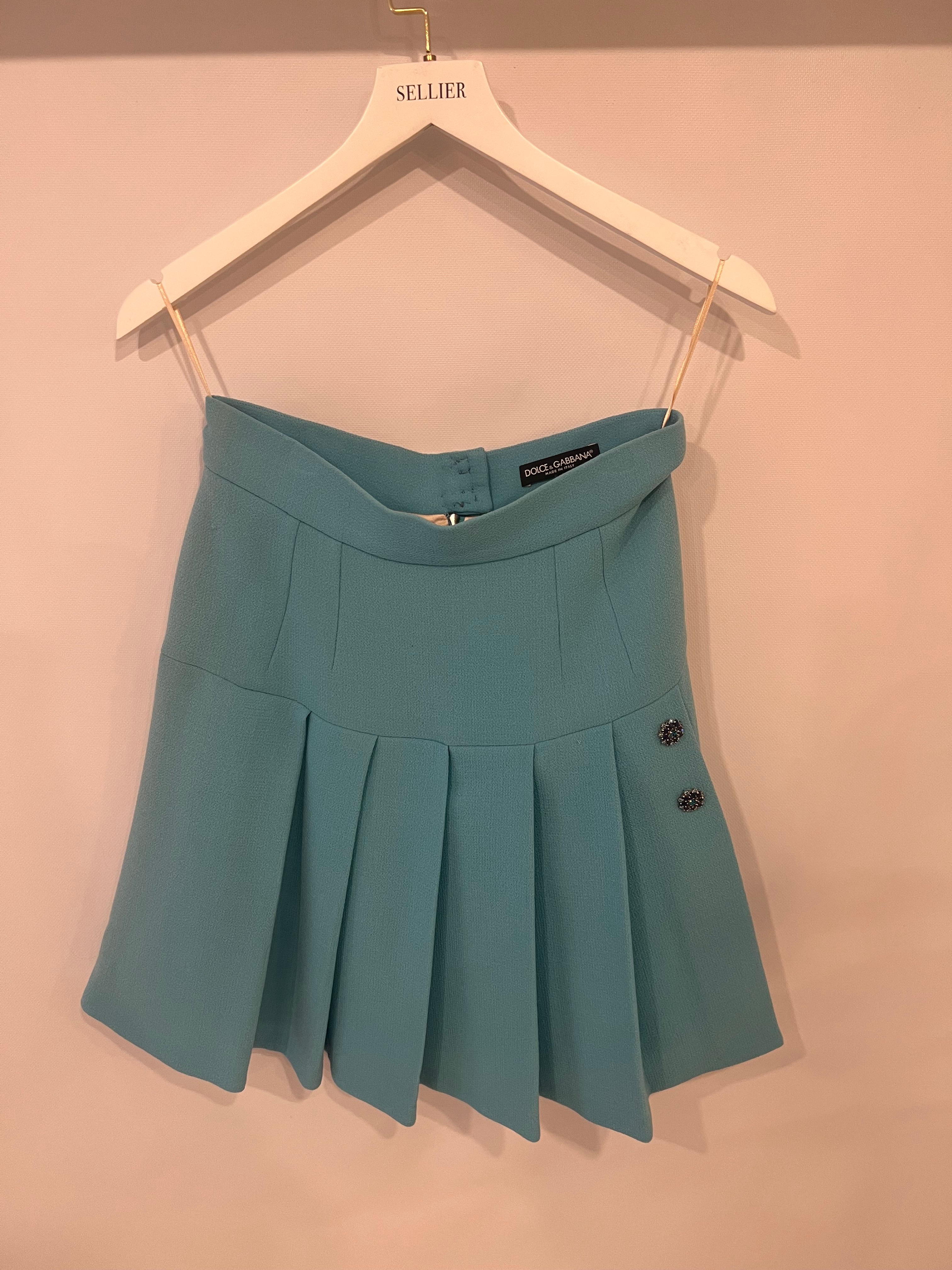 Dolce & Gabbana Light Blue Wool Pleated Mini Skirt with Crystal Embellished Buttons Size IT 42 (UK 10) - Image 8