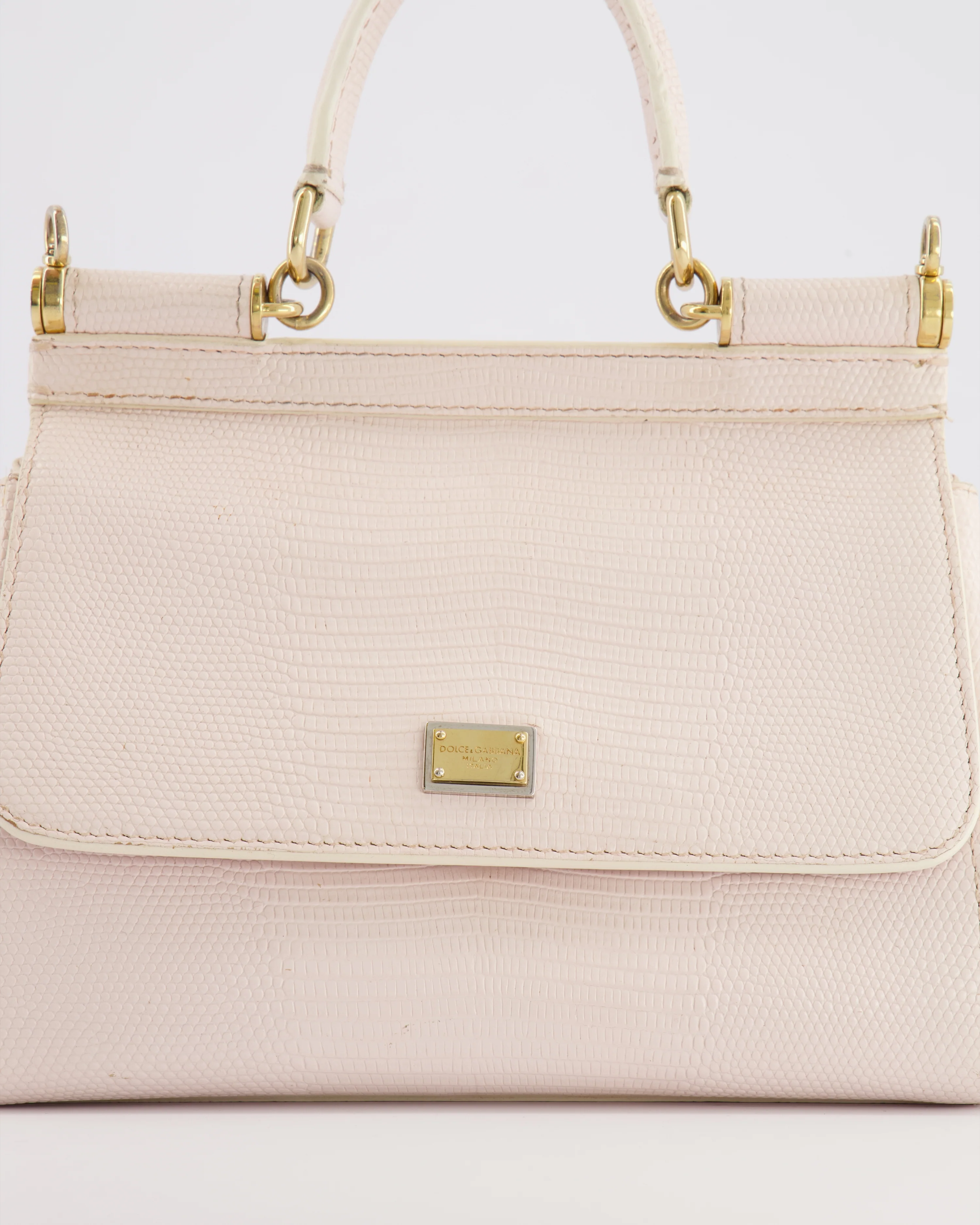 Dolce & Gabbana Light Pink Iguana Embossed Leather Small Sicily Bag with Mixed Hardware and Crystal Pearl Chain - Image 11
