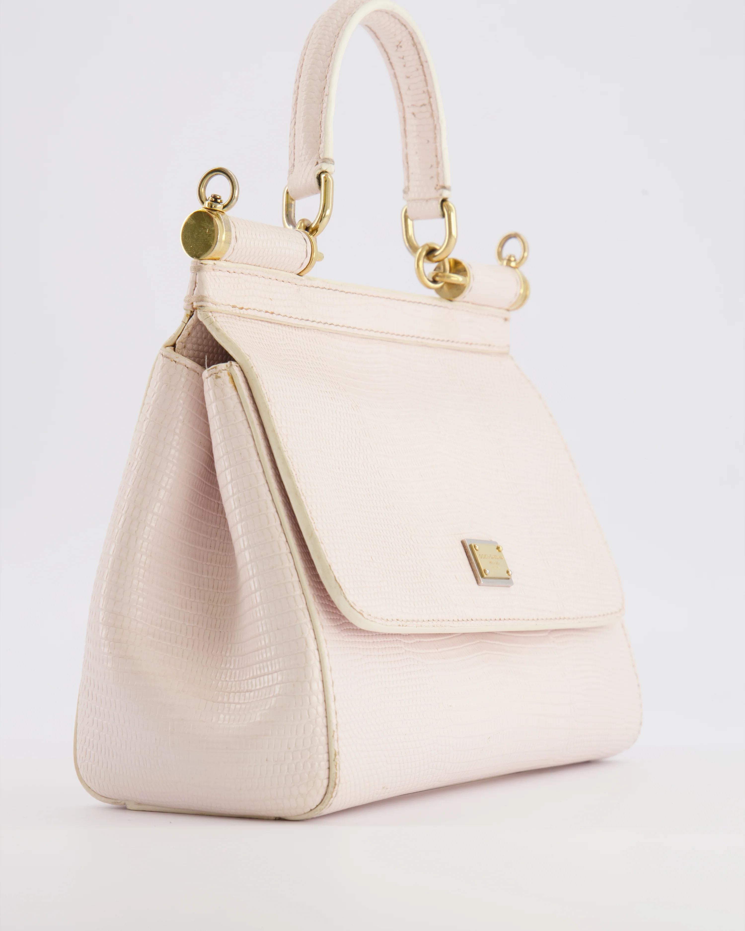 Dolce & Gabbana Light Pink Iguana Embossed Leather Small Sicily Bag with Mixed Hardware and Crystal Pearl Chain - Image 12
