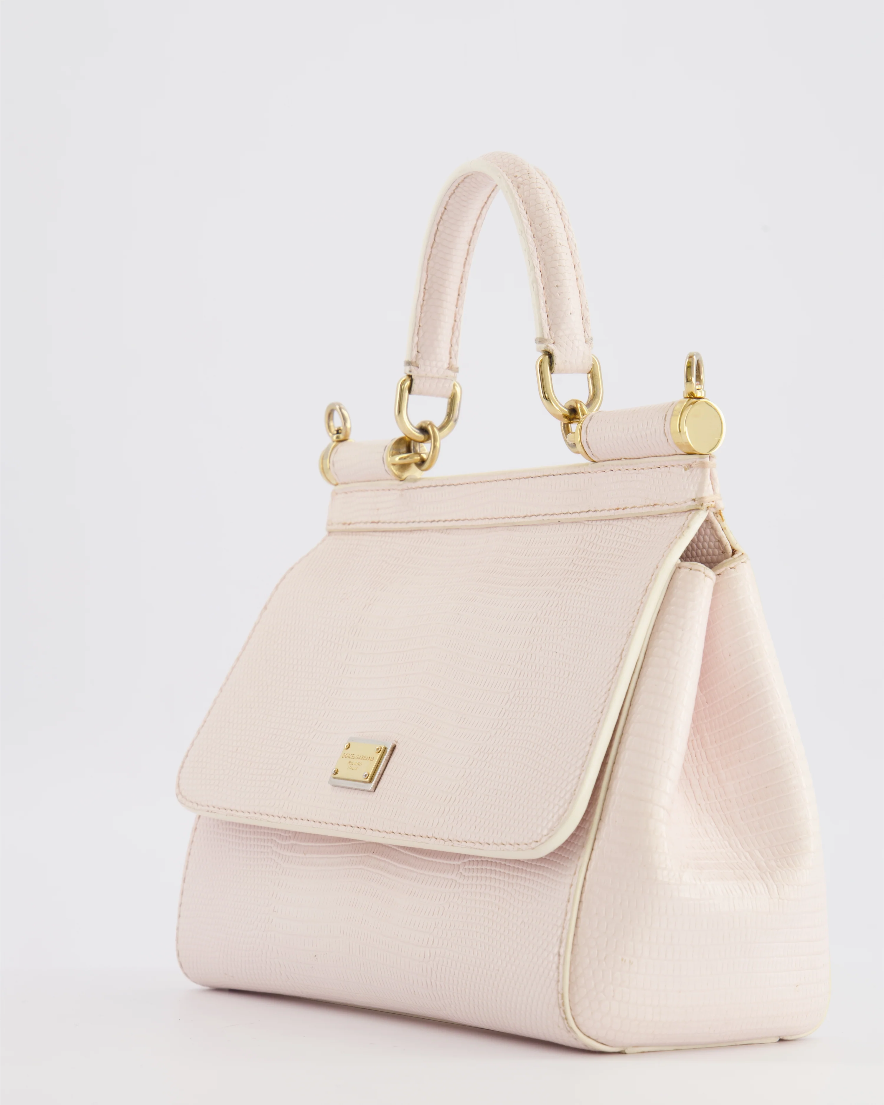 Dolce & Gabbana Light Pink Iguana Embossed Leather Small Sicily Bag with Mixed Hardware and Crystal Pearl Chain - Image 13