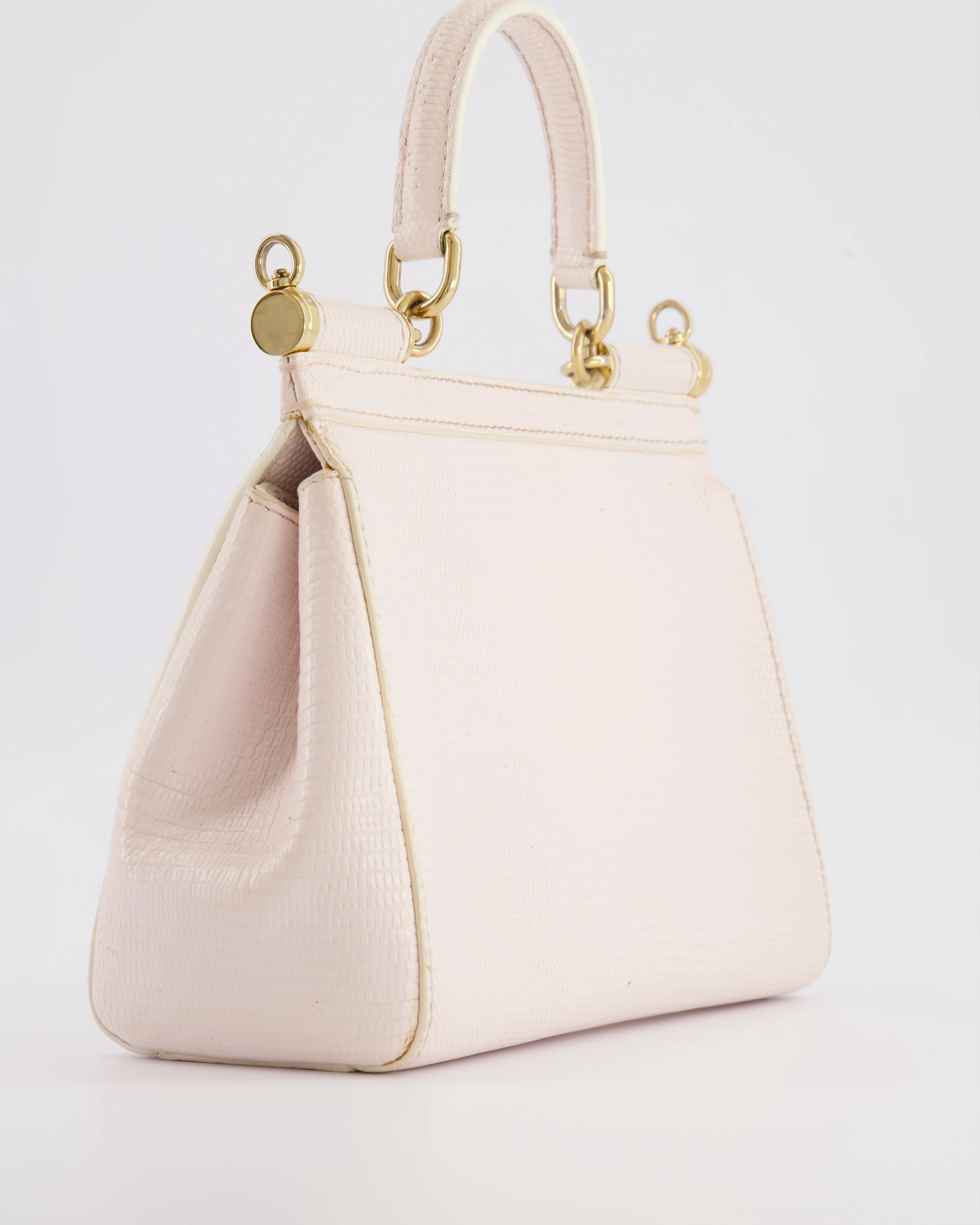 Dolce & Gabbana Light Pink Iguana Embossed Leather Small Sicily Bag with Mixed Hardware and Crystal Pearl Chain - Image 15