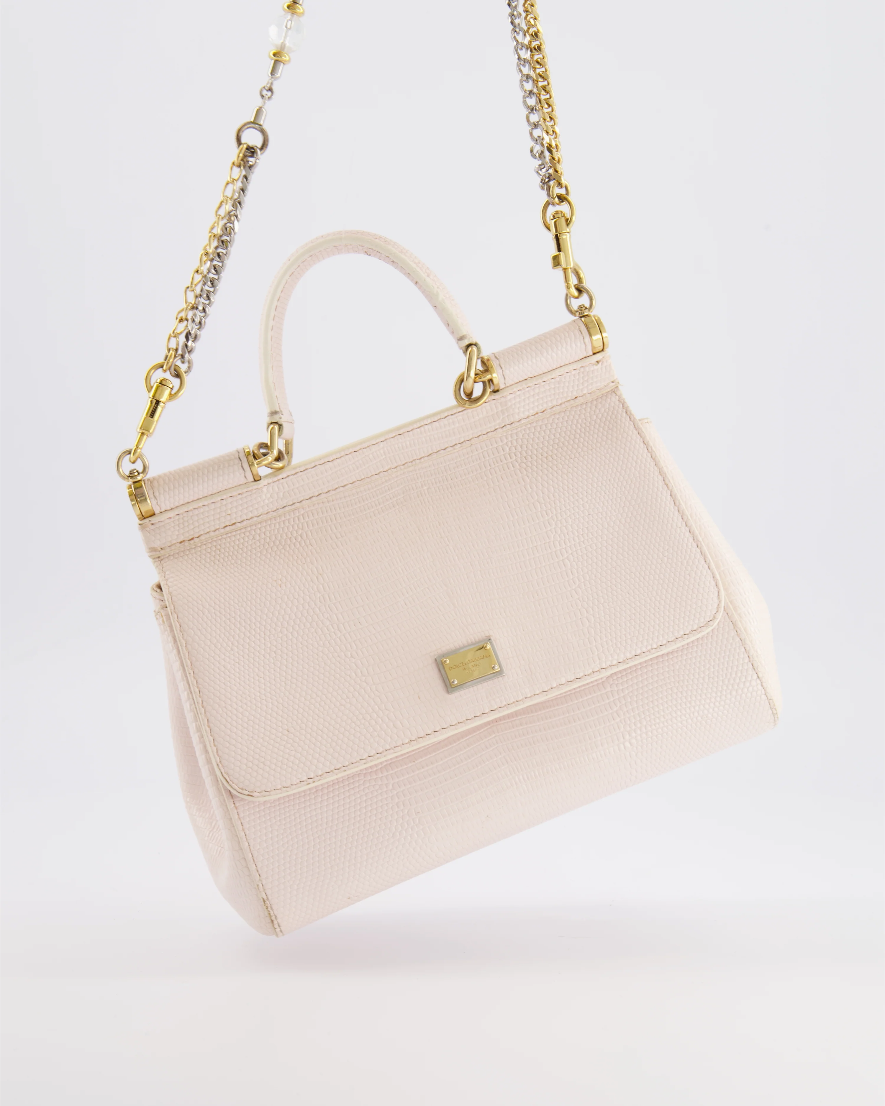 Dolce & Gabbana Light Pink Iguana Embossed Leather Small Sicily Bag with Mixed Hardware and Crystal Pearl Chain - Image 2