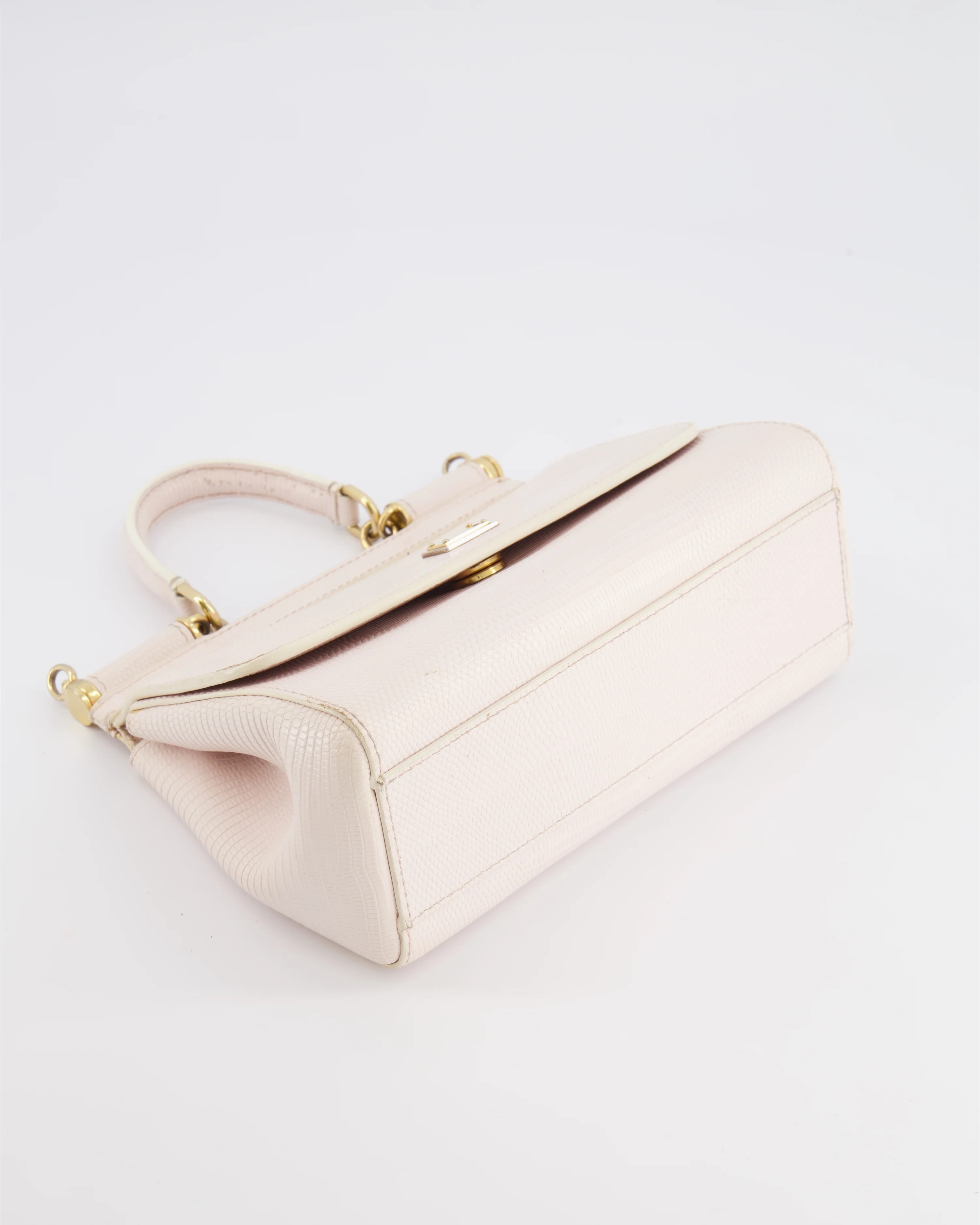 Dolce & Gabbana Light Pink Iguana Embossed Leather Small Sicily Bag with Mixed Hardware and Crystal Pearl Chain - Image 20