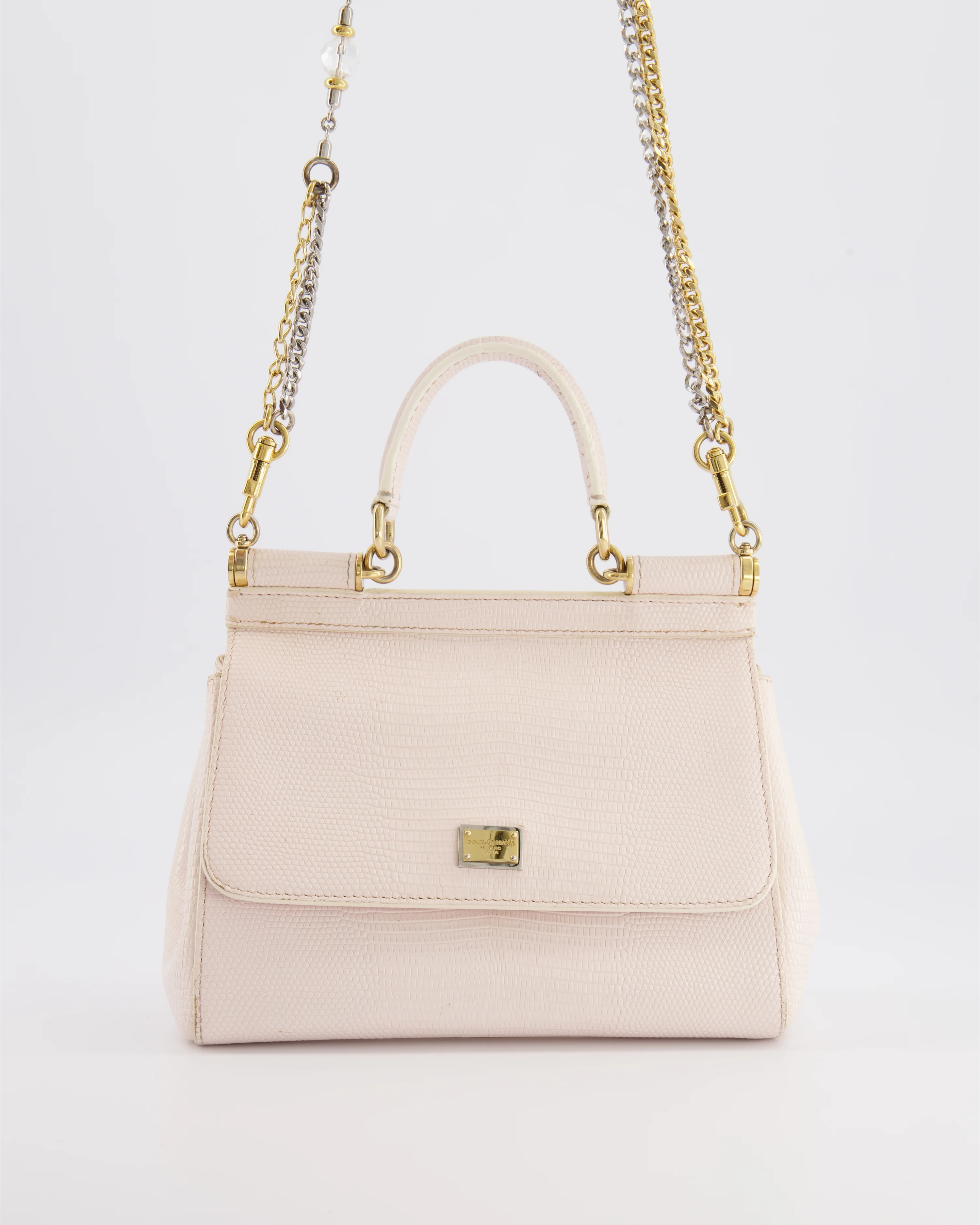 Dolce & Gabbana Light Pink Iguana Embossed Leather Small Sicily Bag with Mixed Hardware and Crystal Pearl Chain - Image 3