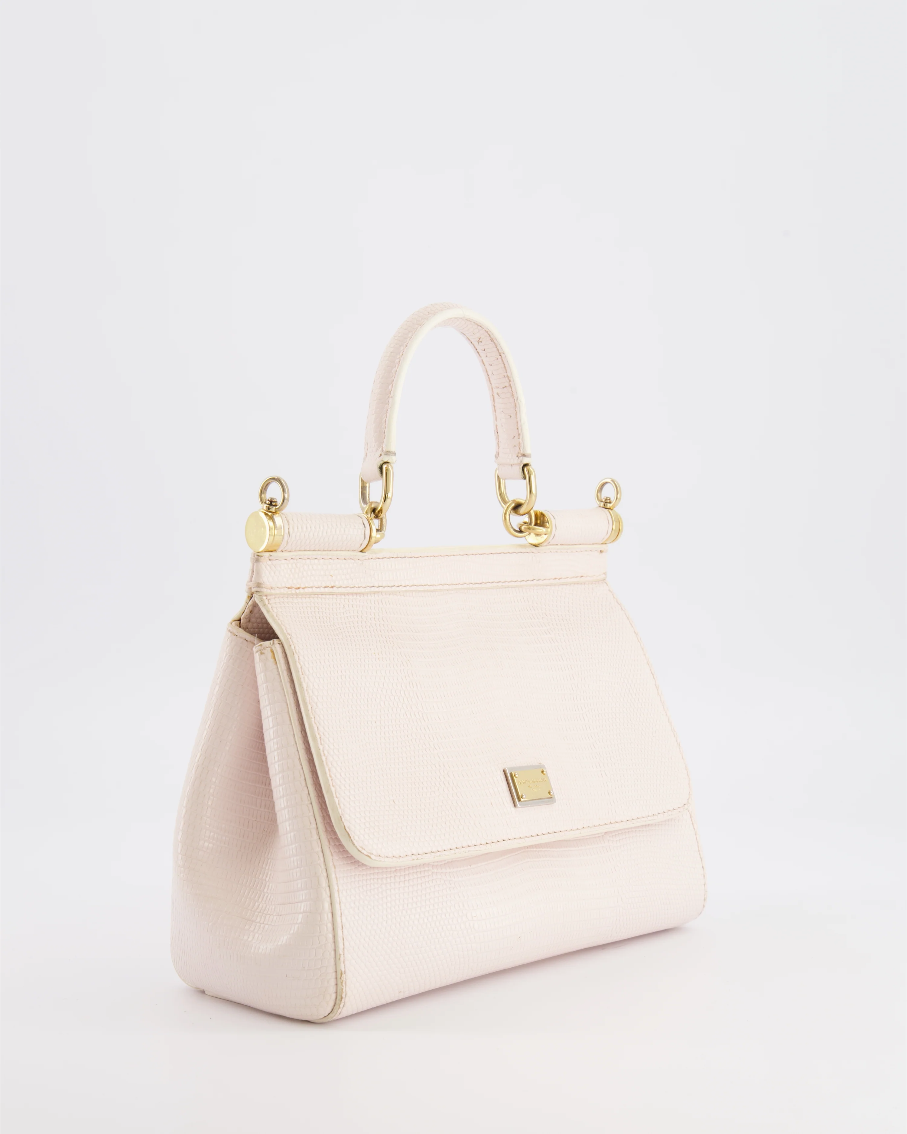 Dolce & Gabbana Light Pink Iguana Embossed Leather Small Sicily Bag with Mixed Hardware and Crystal Pearl Chain - Image 4