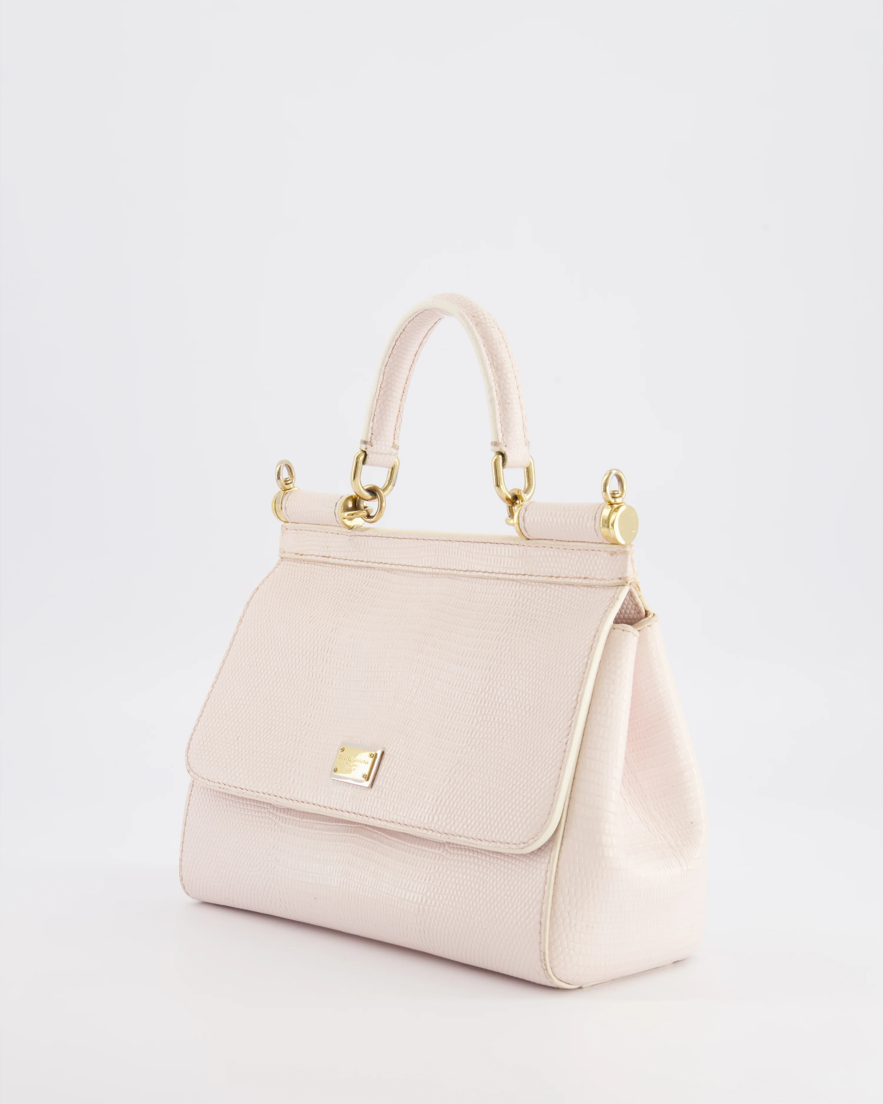 Dolce & Gabbana Light Pink Iguana Embossed Leather Small Sicily Bag with Mixed Hardware and Crystal Pearl Chain - Image 5