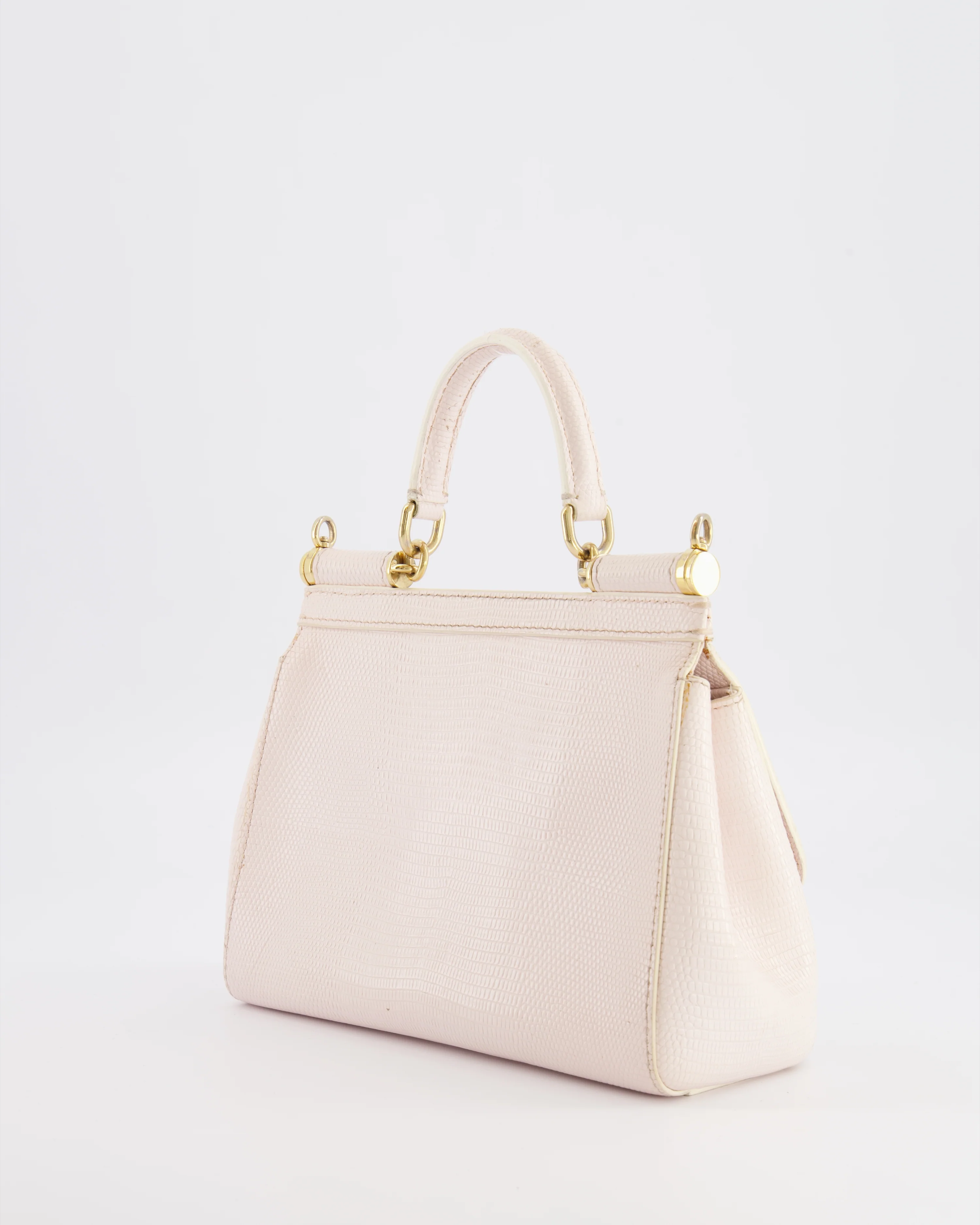 Dolce & Gabbana Light Pink Iguana Embossed Leather Small Sicily Bag with Mixed Hardware and Crystal Pearl Chain - Image 8