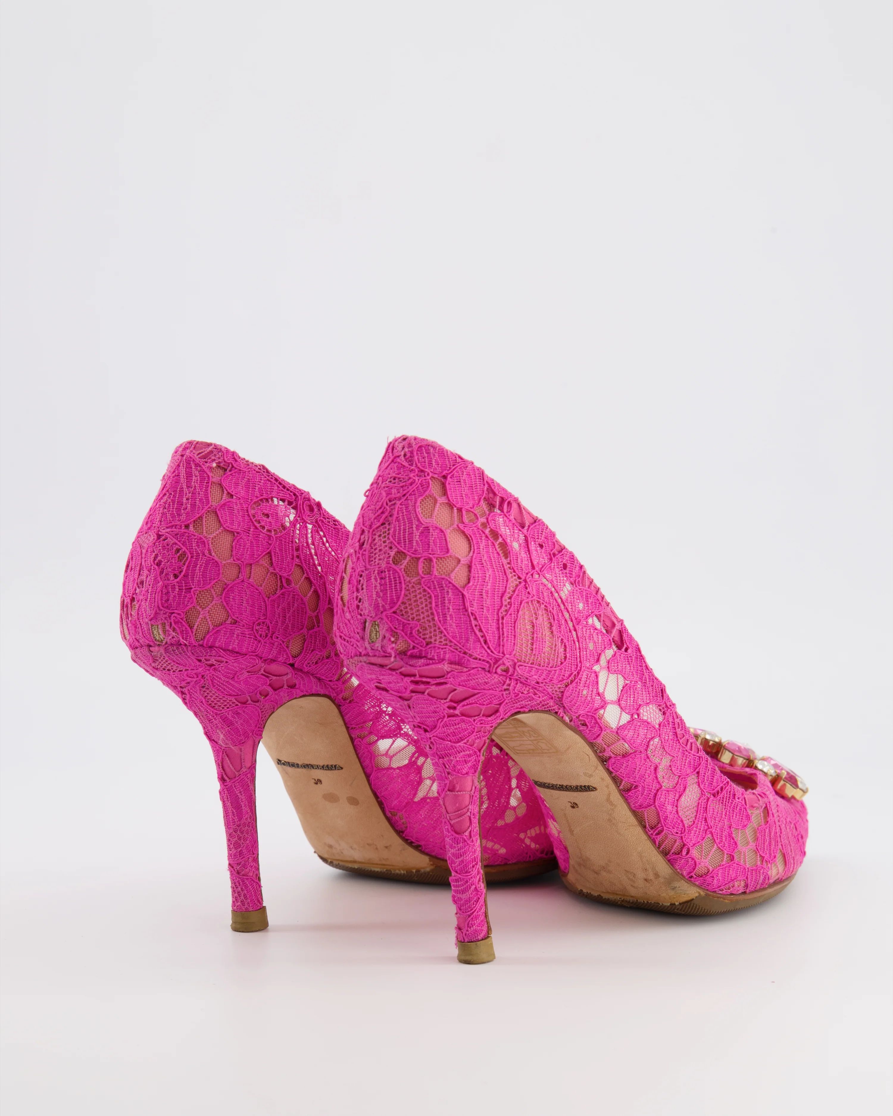 Dolce & Gabbana Pink Lace Bellucci Pumps with Crystal Embellishments Size EU 39 - Image 3
