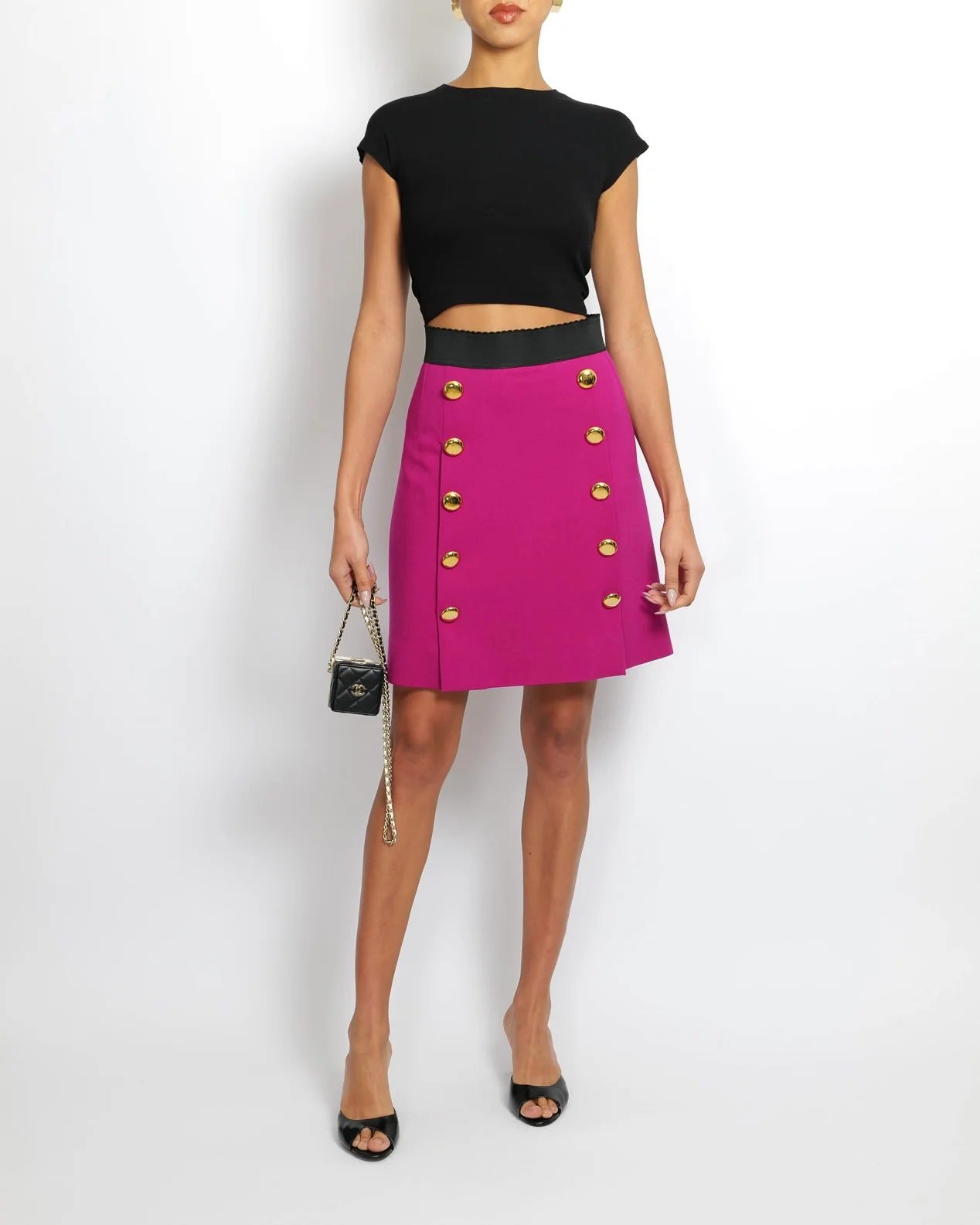 Dolce & Gabbana Pink Wool Mini Skirt with Black Waistband and Gold Buttons Detail Size IT 44 (UK 12)