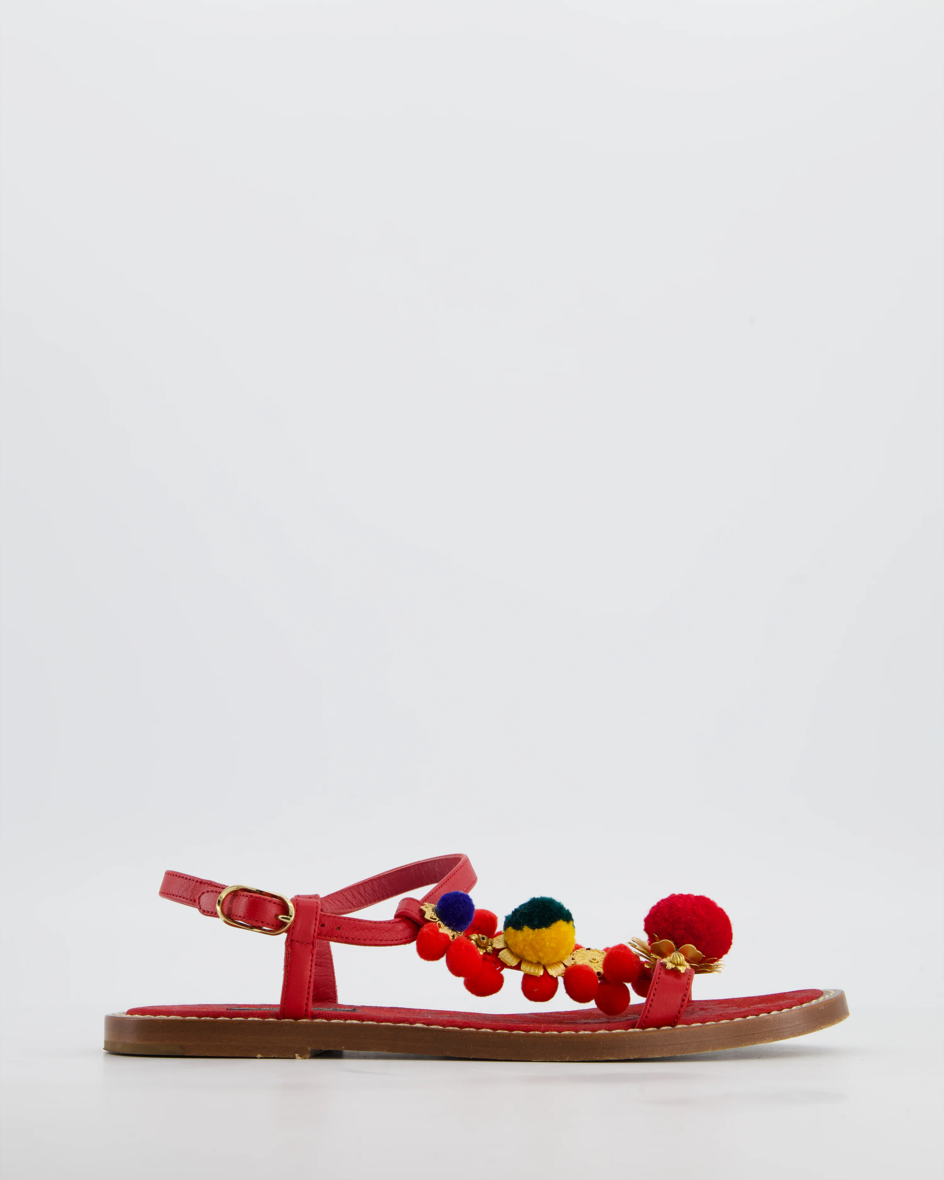 Dolce & Gabbana Red Sandals with Multicolour Pompoms and Ornament Details EU 36