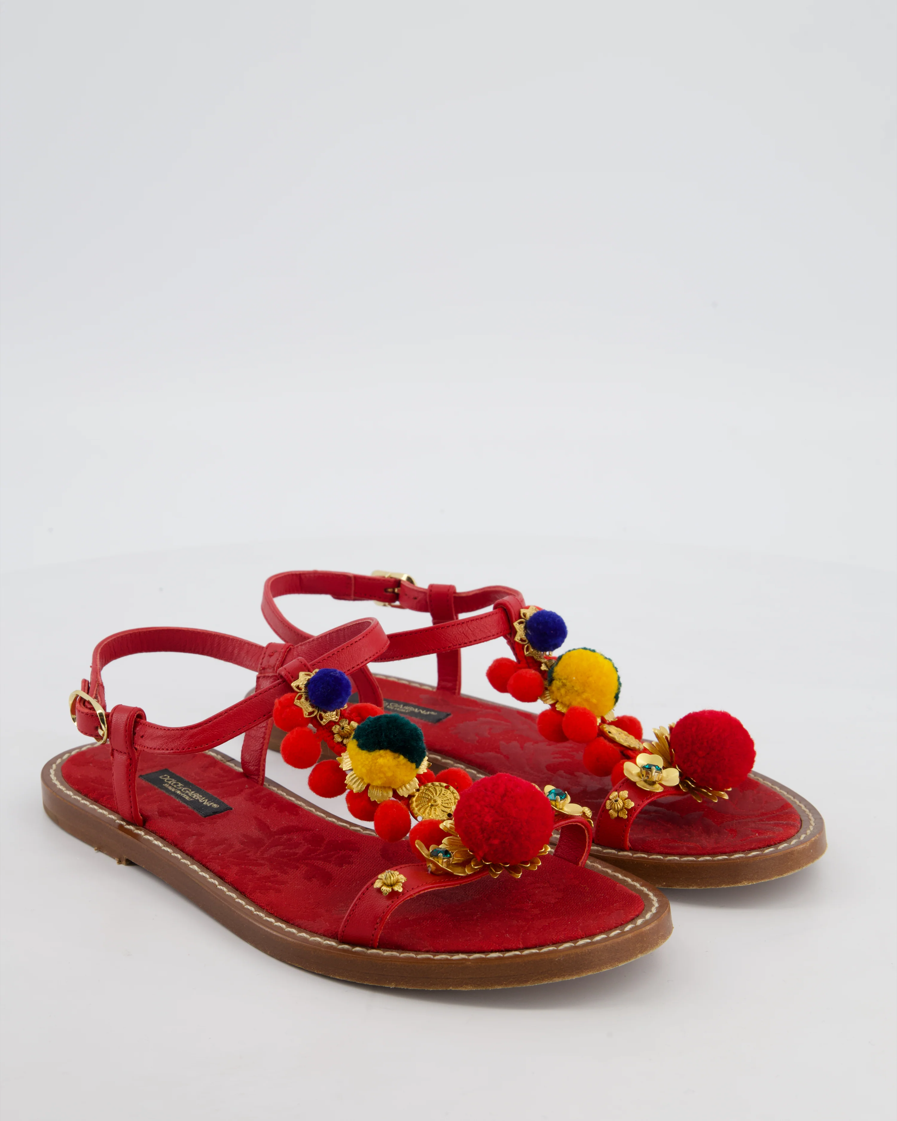 Dolce & Gabbana Red Sandals with Multicolour Pompoms and Ornament Details EU 36 - Image 2