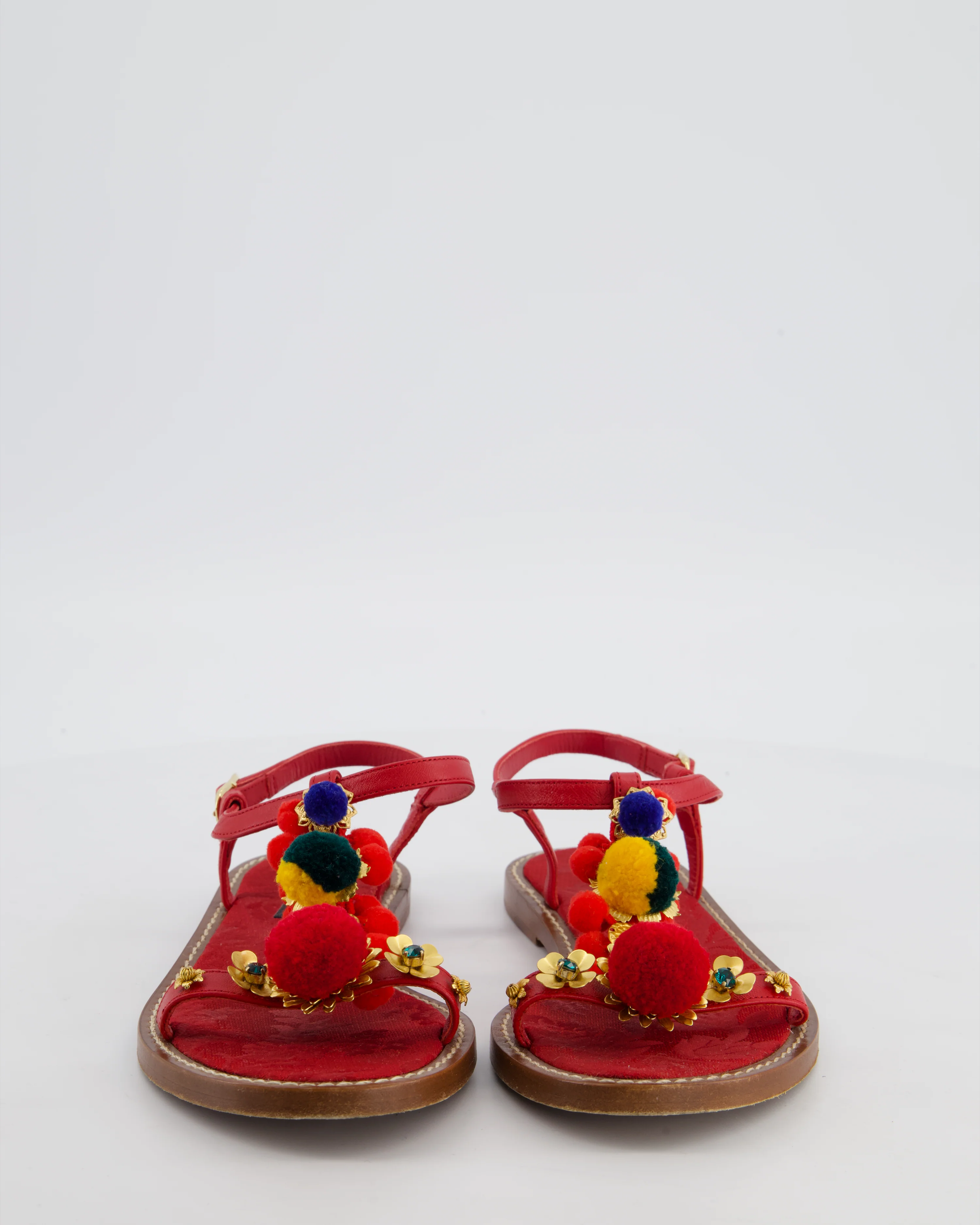 Dolce & Gabbana Red Sandals with Multicolour Pompoms and Ornament Details EU 36 - Image 3