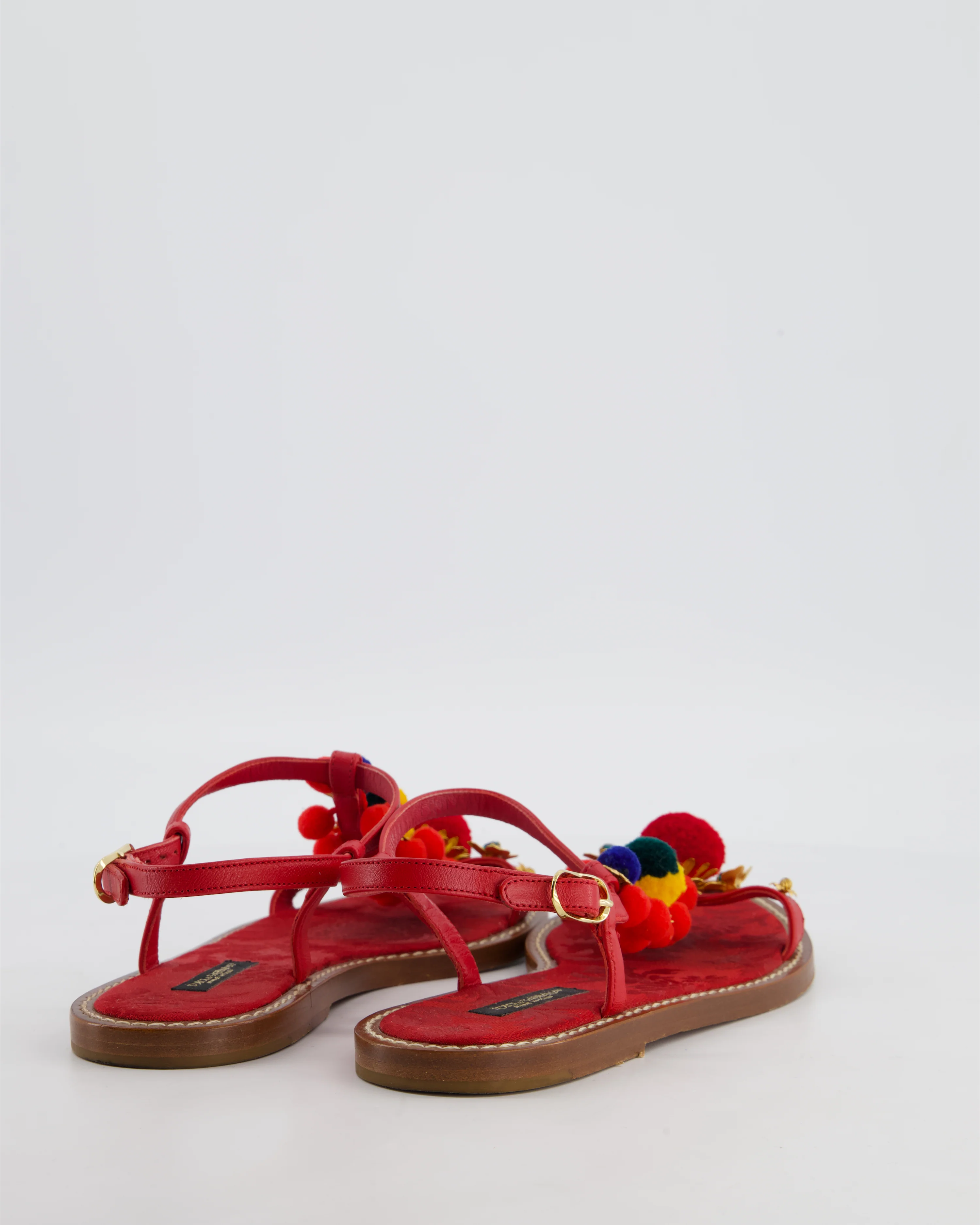 Dolce & Gabbana Red Sandals with Multicolour Pompoms and Ornament Details EU 36 - Image 4