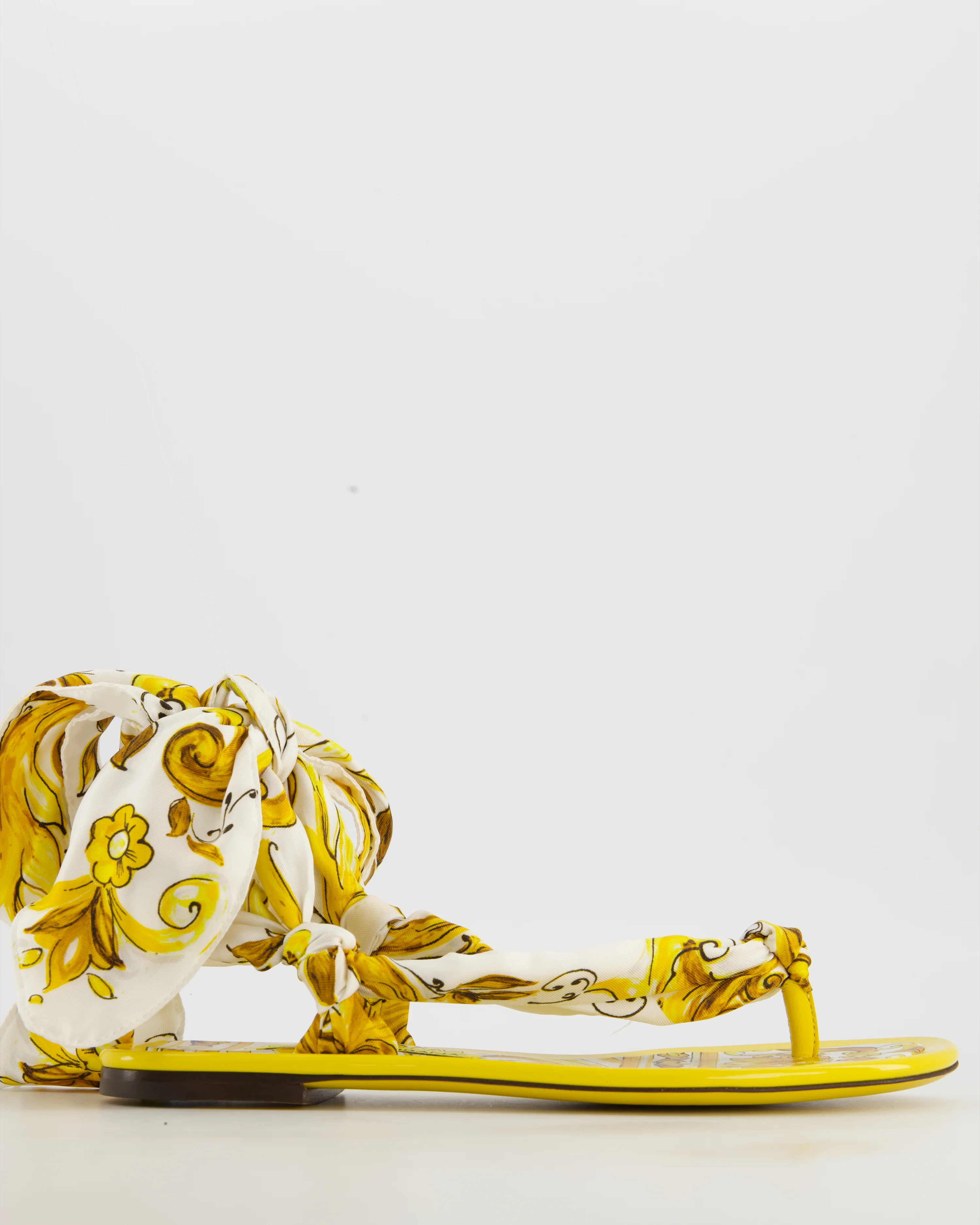 Dolce & Gabbana Yellow Maiolica Capri Scarf Leather-Trim Printed Twill Sandals Size EU 38.5