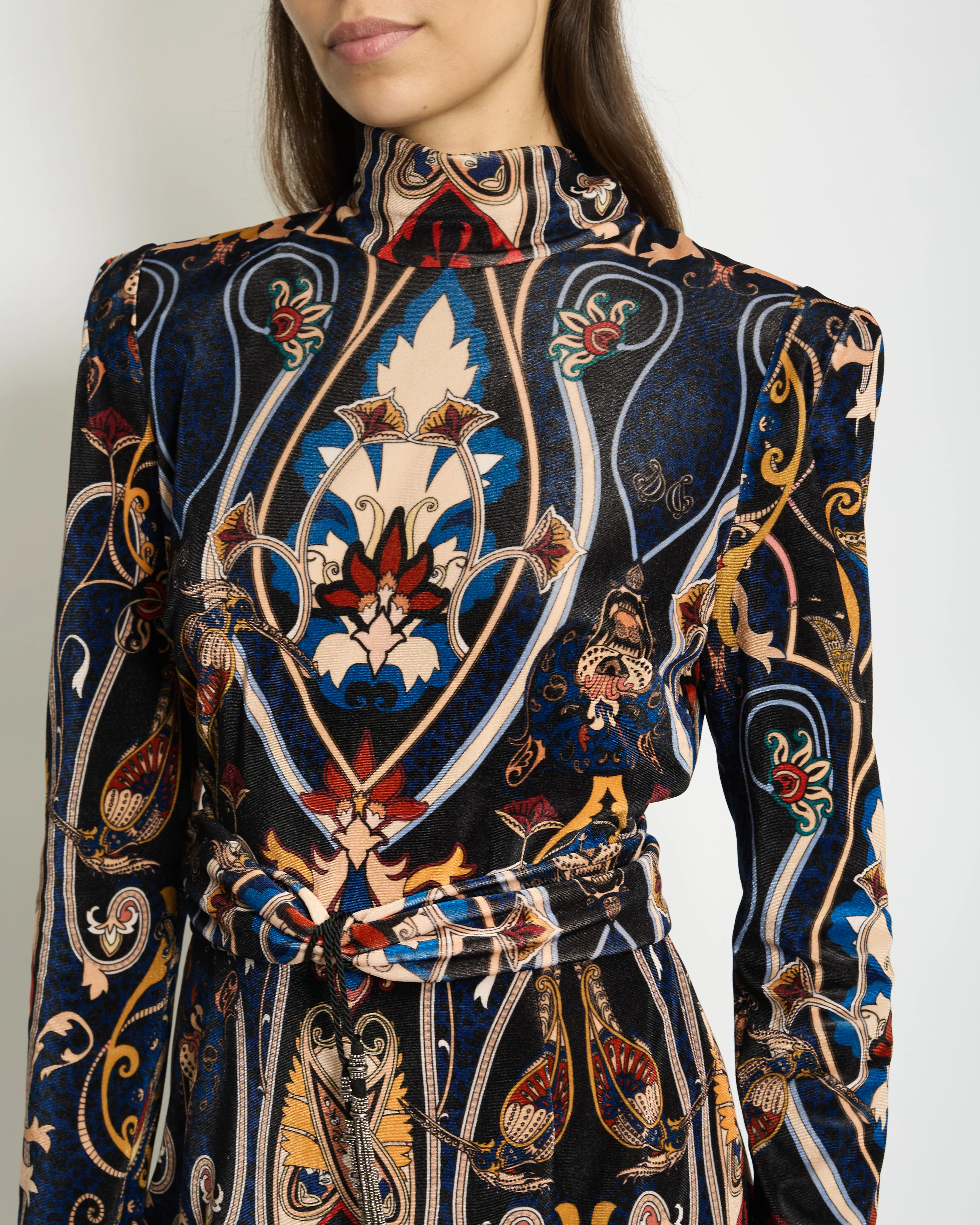 Dundas Velvet & Lace Paisley Print Long Sleeve Dress with Front Belt Detail IT 42 (UK 10) - Image 2