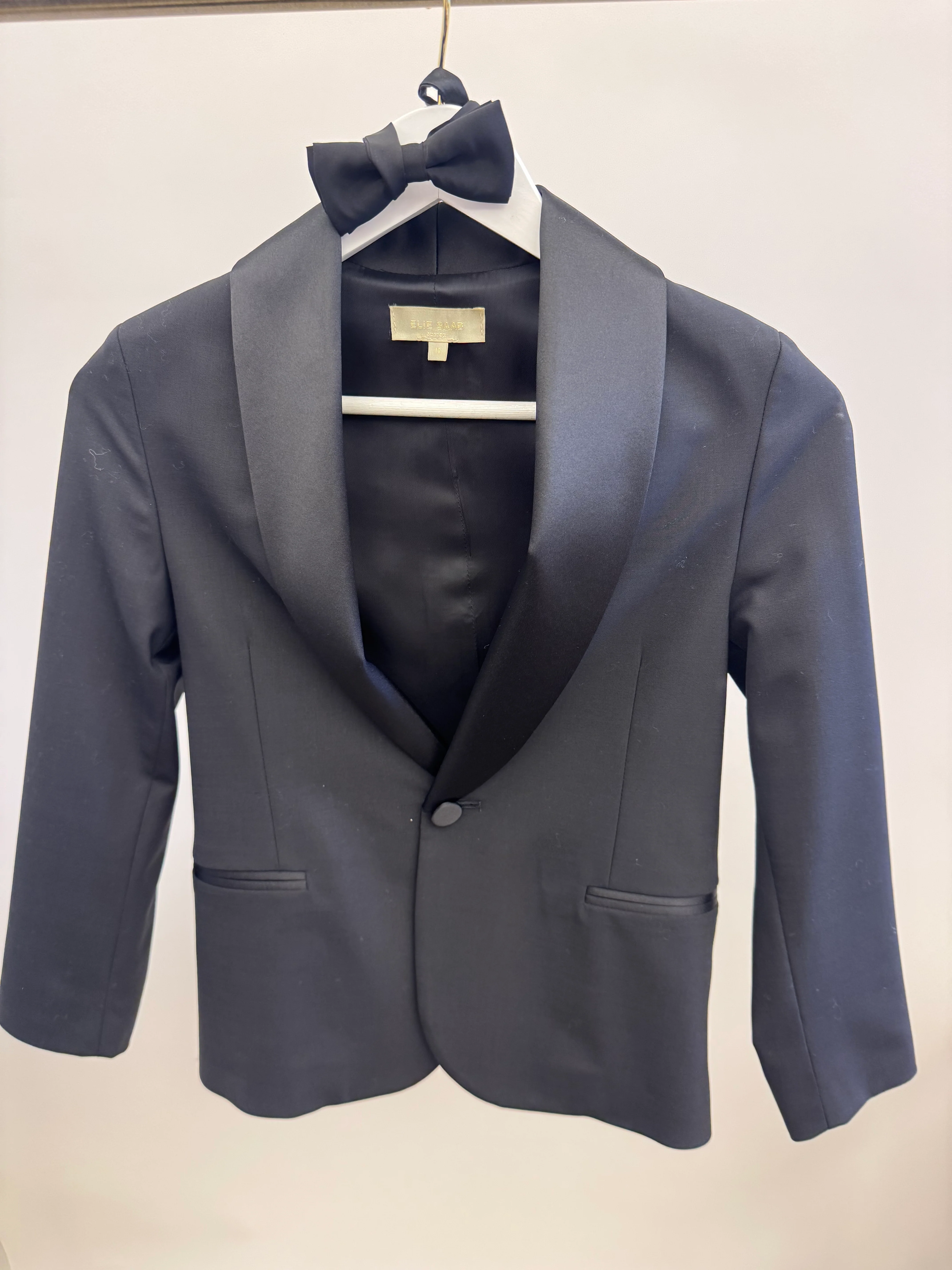 Elie Saab Kids and Multibrand Black Satin Jacket, Trousers, Waistband and Bow Tie Tuxedo Set Size 10 years - Image 3