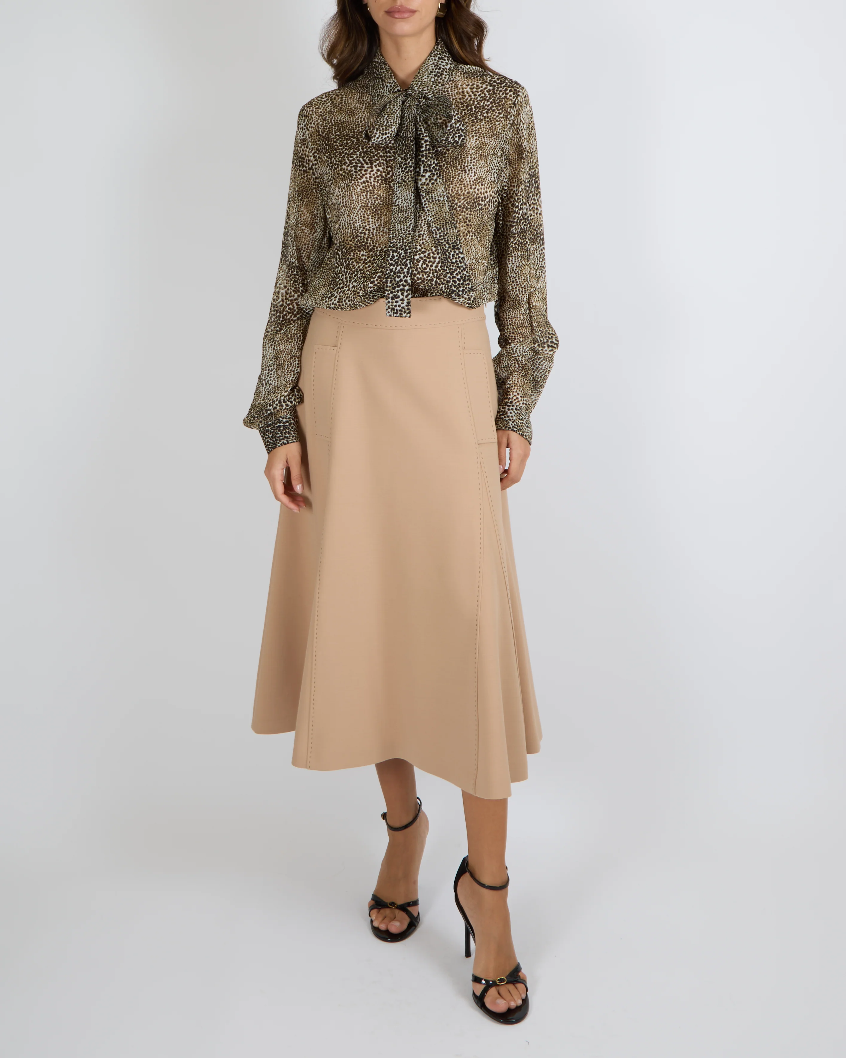Elie Saab Beige Contrast Stitch Midi Skirt Size FR 42 (UK 14) RRP £1,100