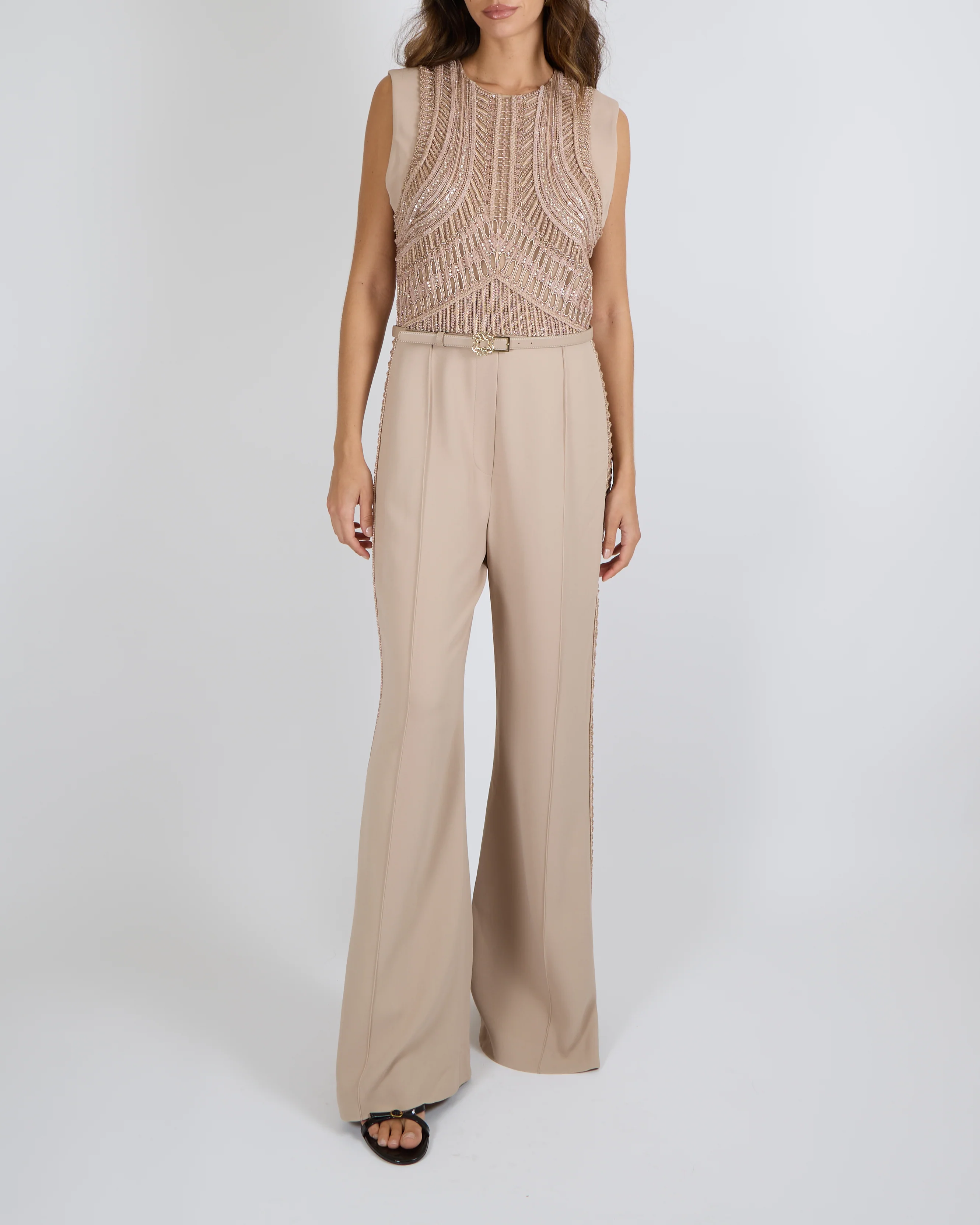 Elie Saab SS24 Beige Sleeveless Jumpsuit with Beading and Leather Belt Detail Size FR 42 (UK 14)