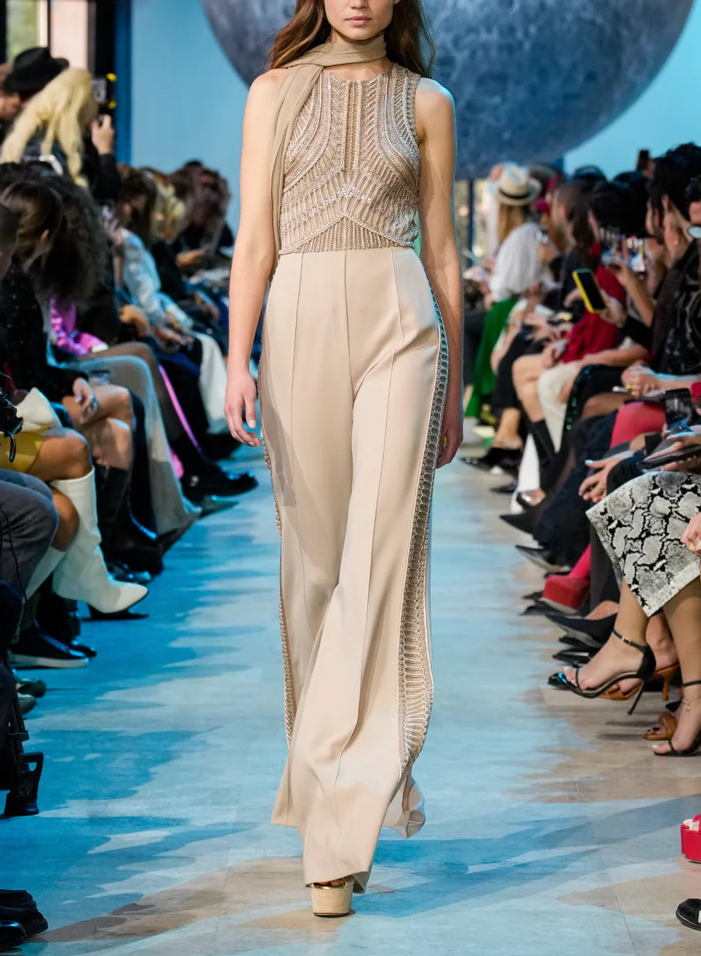 Elie Saab SS24 Beige Sleeveless Jumpsuit with Beading and Leather Belt Detail Size FR 42 (UK 14) - Image 2