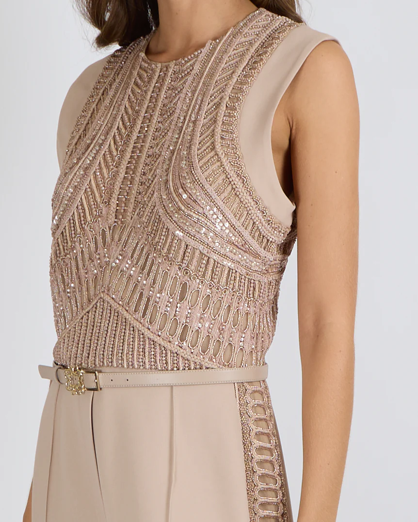Elie Saab SS24 Beige Sleeveless Jumpsuit with Beading and Leather Belt Detail Size FR 42 (UK 14) - Image 3