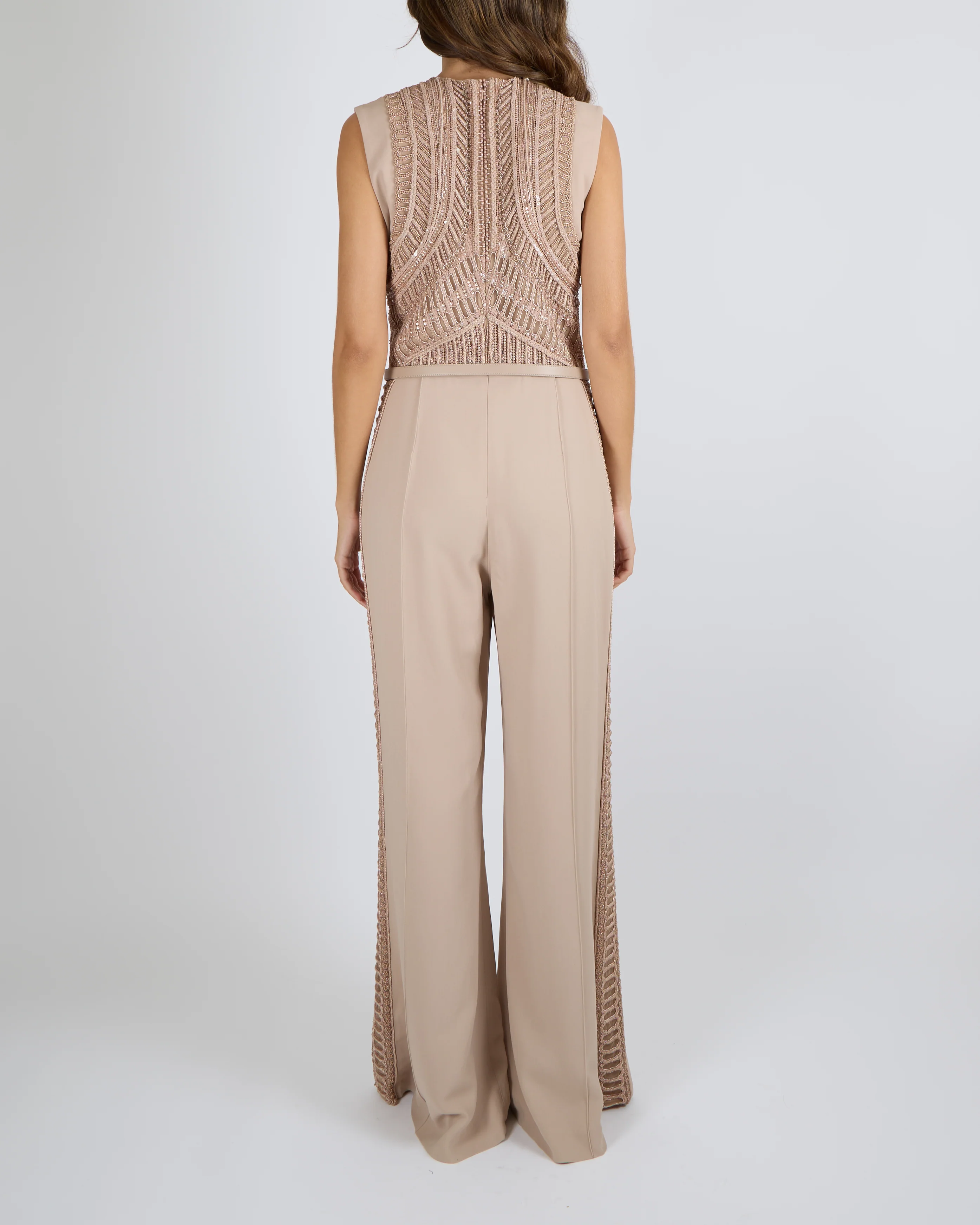 Elie Saab SS24 Beige Sleeveless Jumpsuit with Beading and Leather Belt Detail Size FR 42 (UK 14) - Image 5