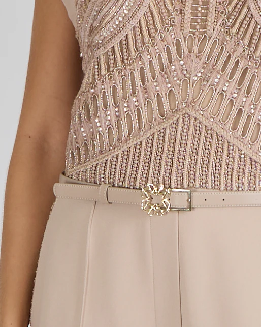 Elie Saab SS24 Beige Sleeveless Jumpsuit with Beading and Leather Belt Detail Size FR 42 (UK 14) - Image 6