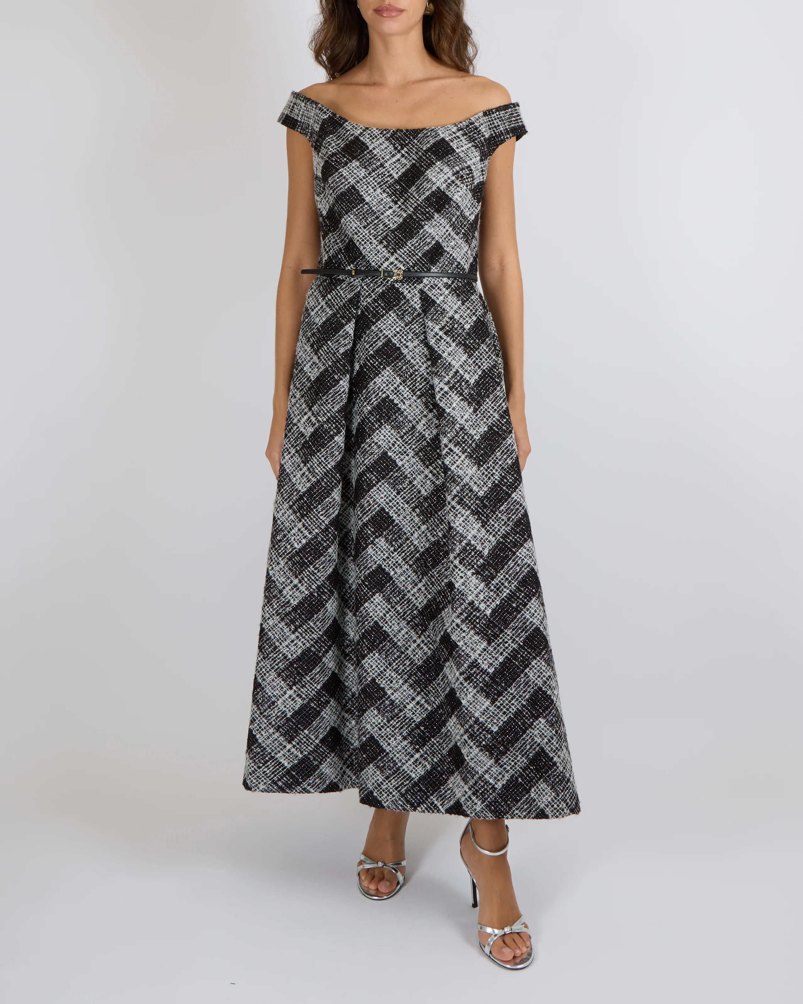 Elie Saab Pre-Fall 2025 Black and White Checked Tweed Sleeveless Gown with Silver Metallic Threads and Black Leather Belt Detail Size FR 42 (UK 14) RRP £4,200