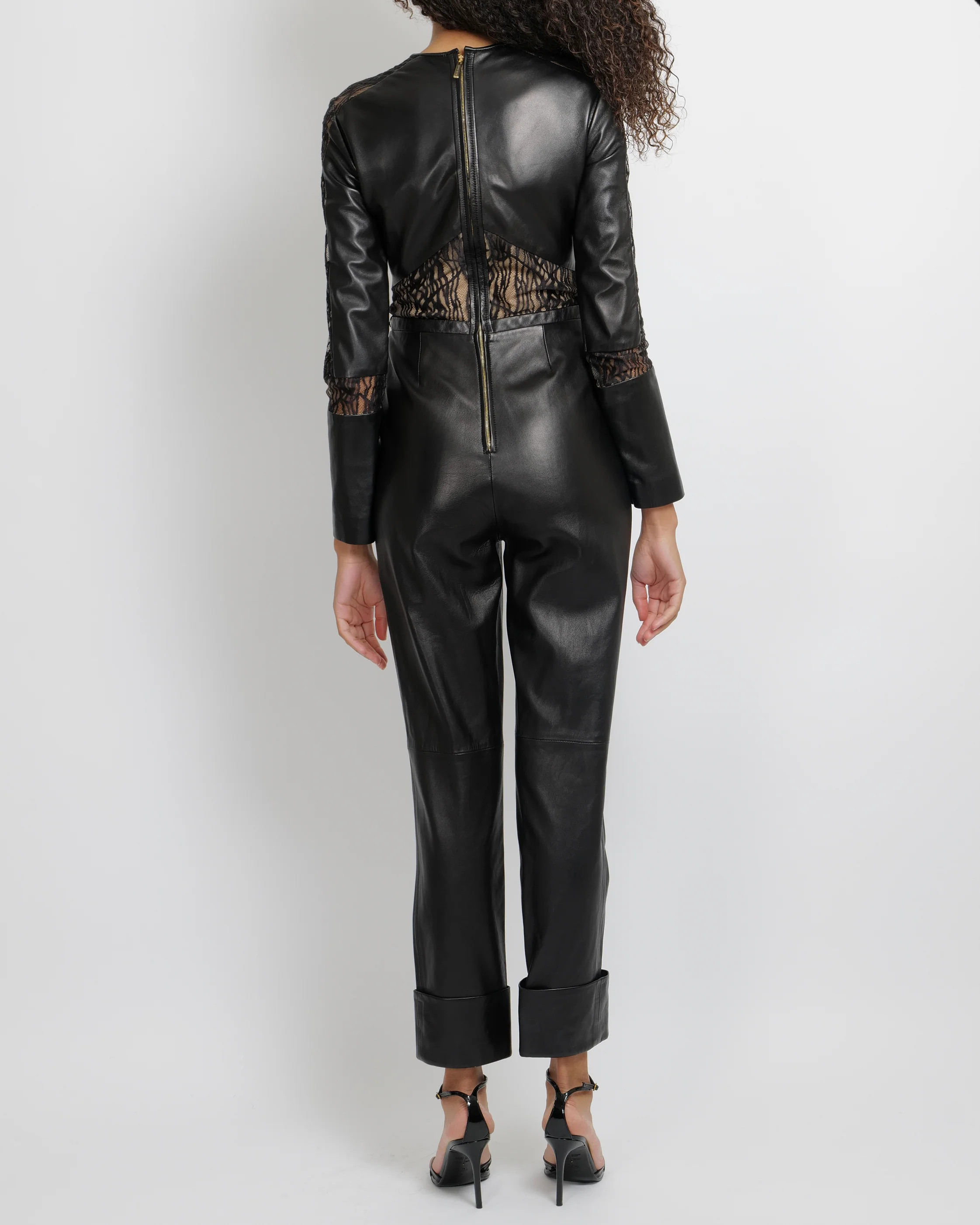 Elie Saab Black Leather Jumpsuit with Lace Sleeves and Inserts Size FR 38 (UK 10) RRP £4,350 - Image 5