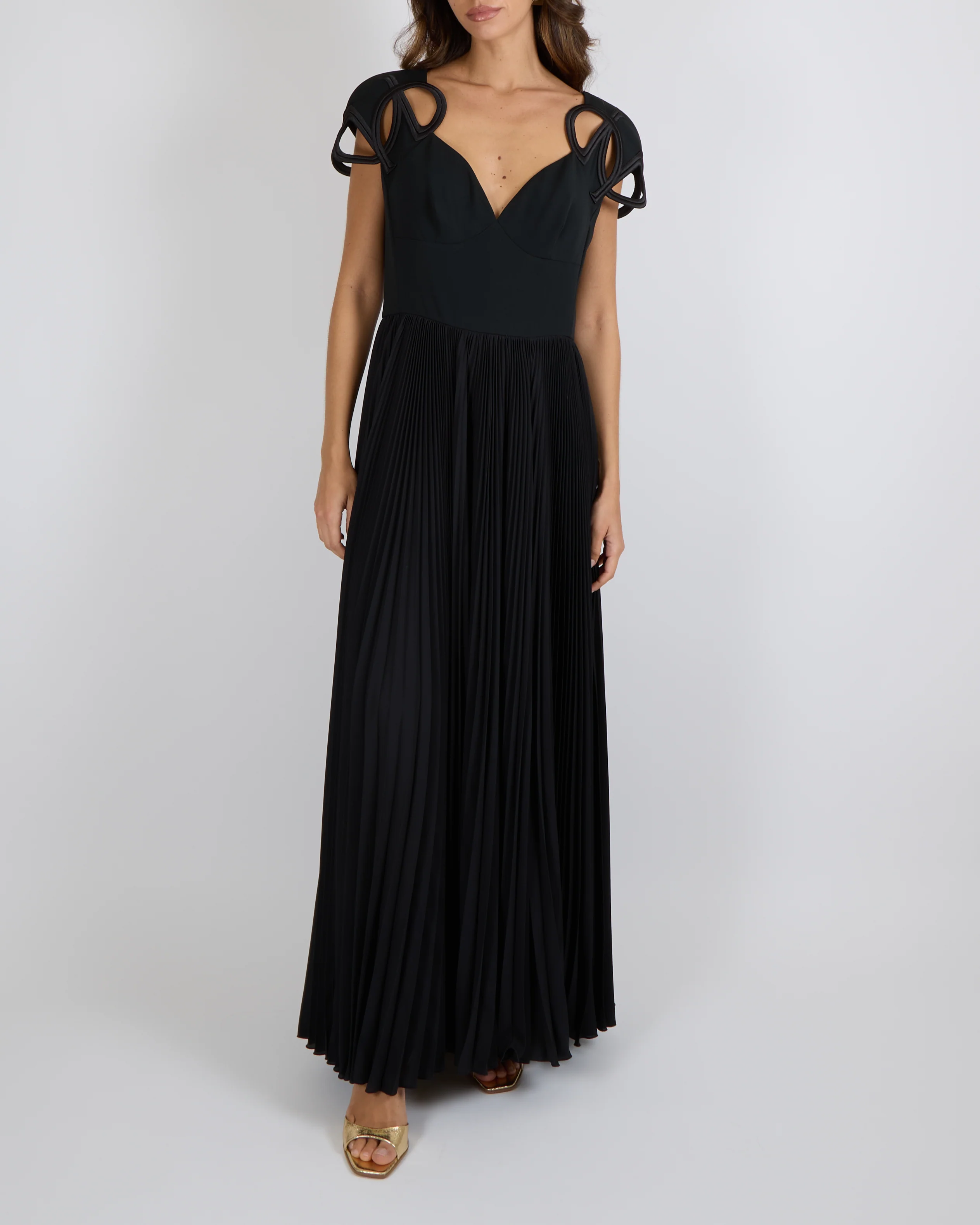 Elie Saab Pre-Fall 2024 Black Sleeveless Gown with Structural Straps and Pleated Skirt Size FR 42 (UK 14)