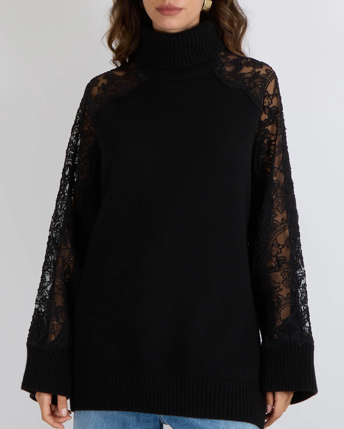 Elie Saab Black Wool and Cashmere Blend High Neck Jumper with Lace Sleeves Size M (UK 10)