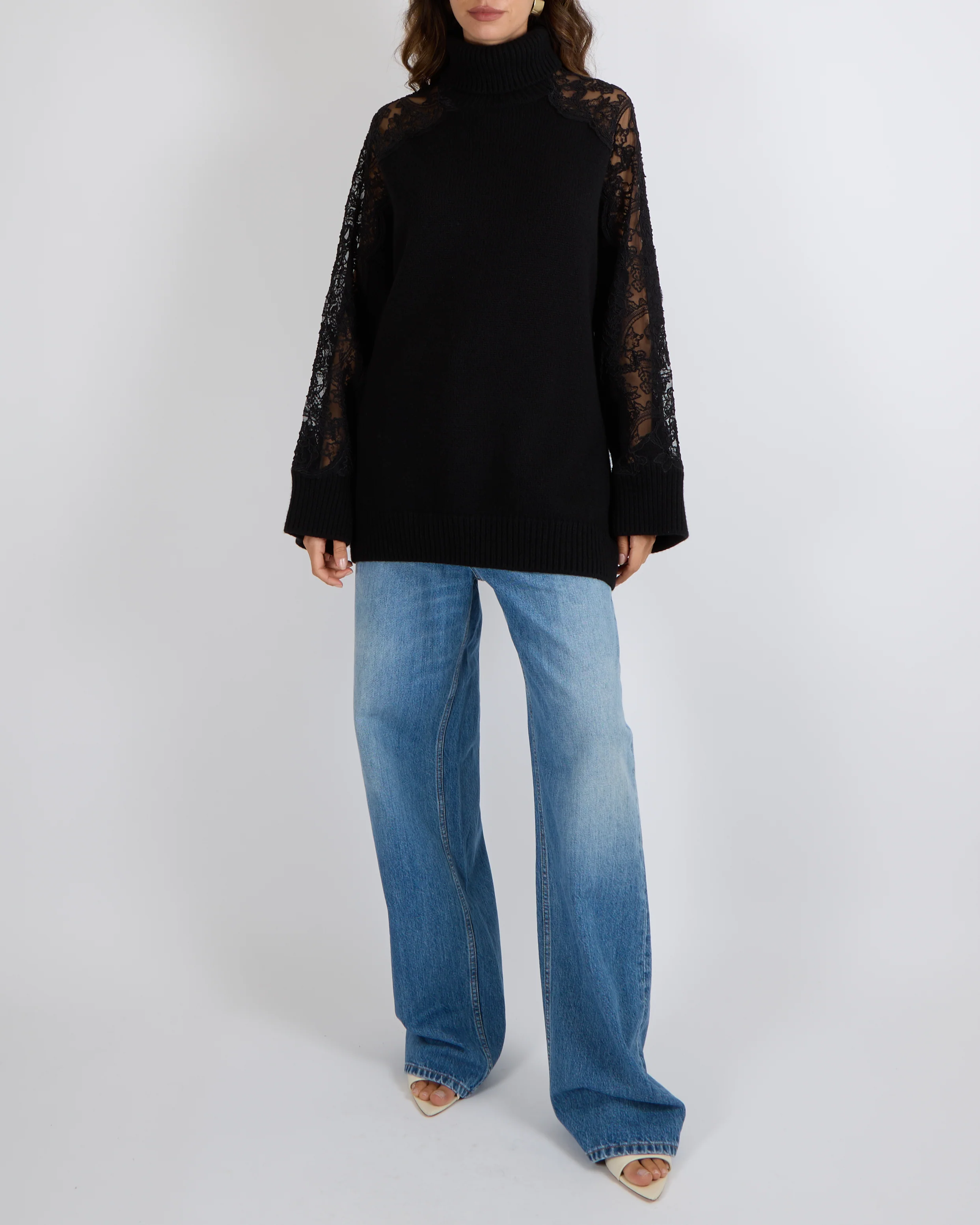 Elie Saab Black Wool and Cashmere Blend High Neck Jumper with Lace Sleeves Size M (UK 10) - Image 2