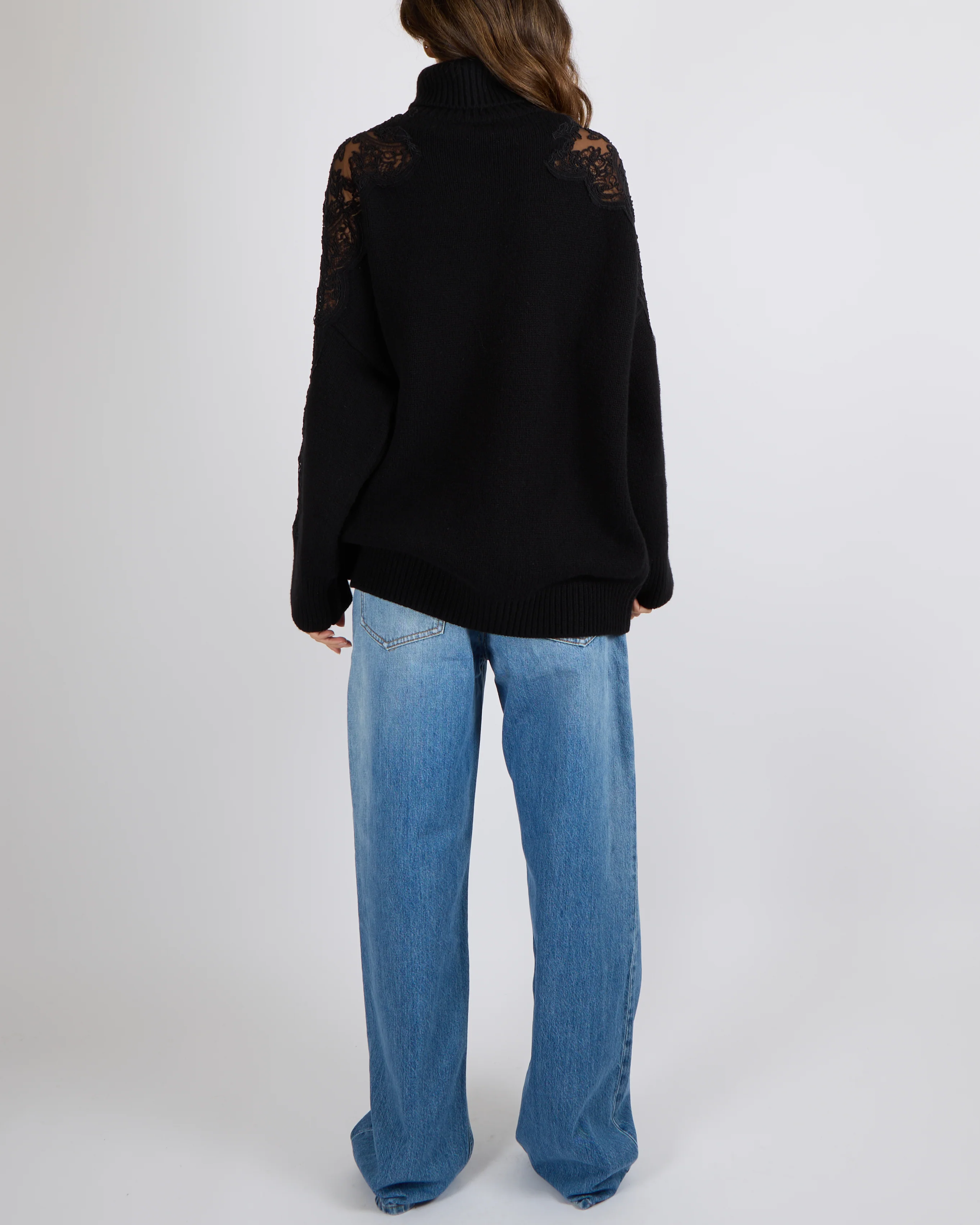 Elie Saab Black Wool and Cashmere Blend High Neck Jumper with Lace Sleeves Size M (UK 10) - Image 3