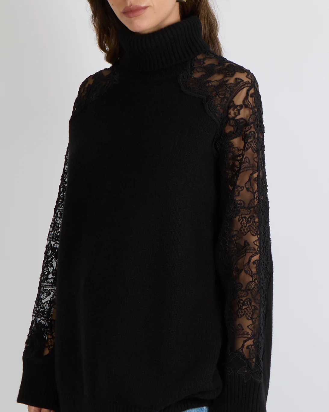Elie Saab Black Wool and Cashmere Blend High Neck Jumper with Lace Sleeves Size M (UK 10) - Image 4