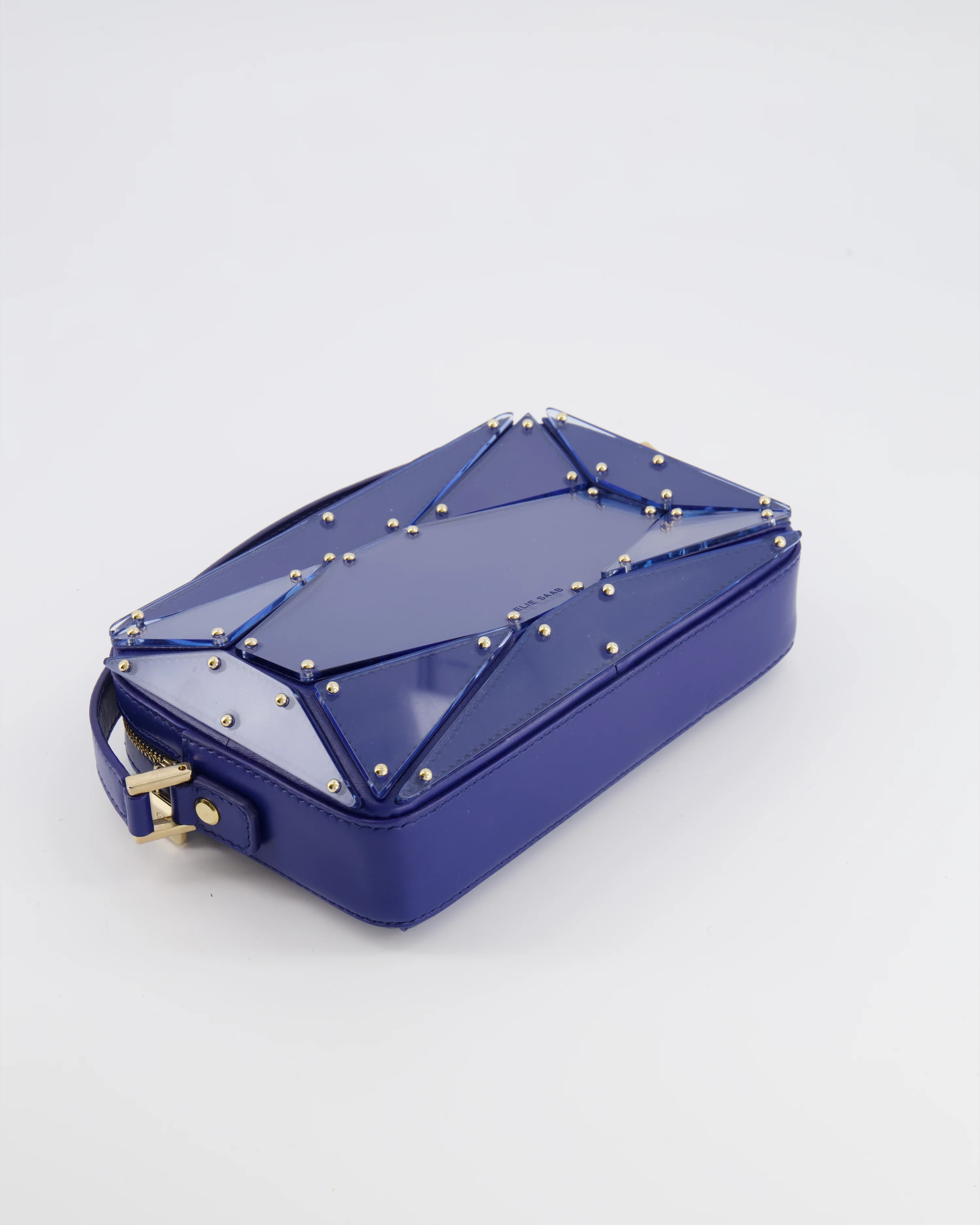 Elie Saab Blue Glass Effect Geometric Leather Top Handle Bag with Gold Hardware - Image 11
