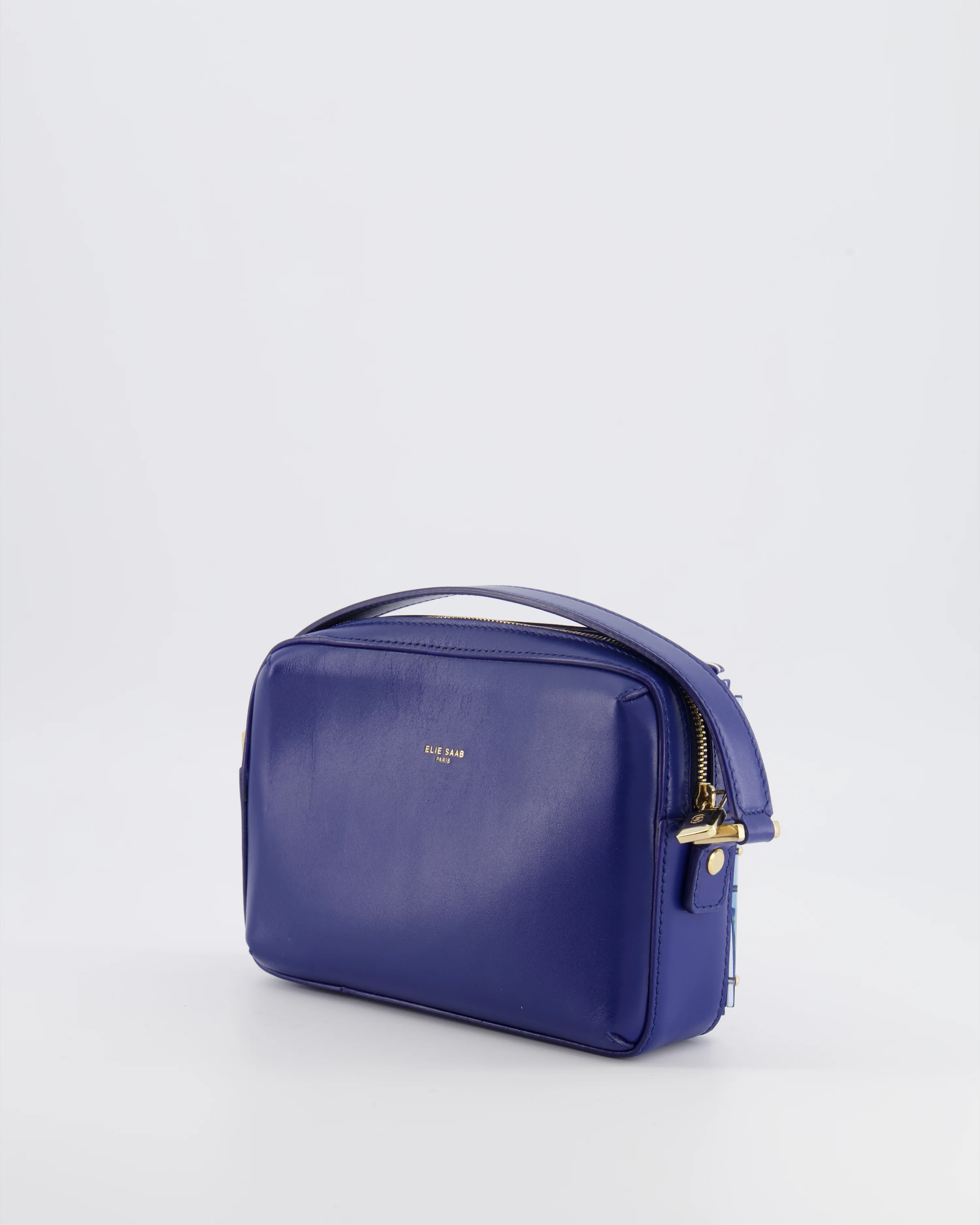 Elie Saab Blue Glass Effect Geometric Leather Top Handle Bag with Gold Hardware - Image 5