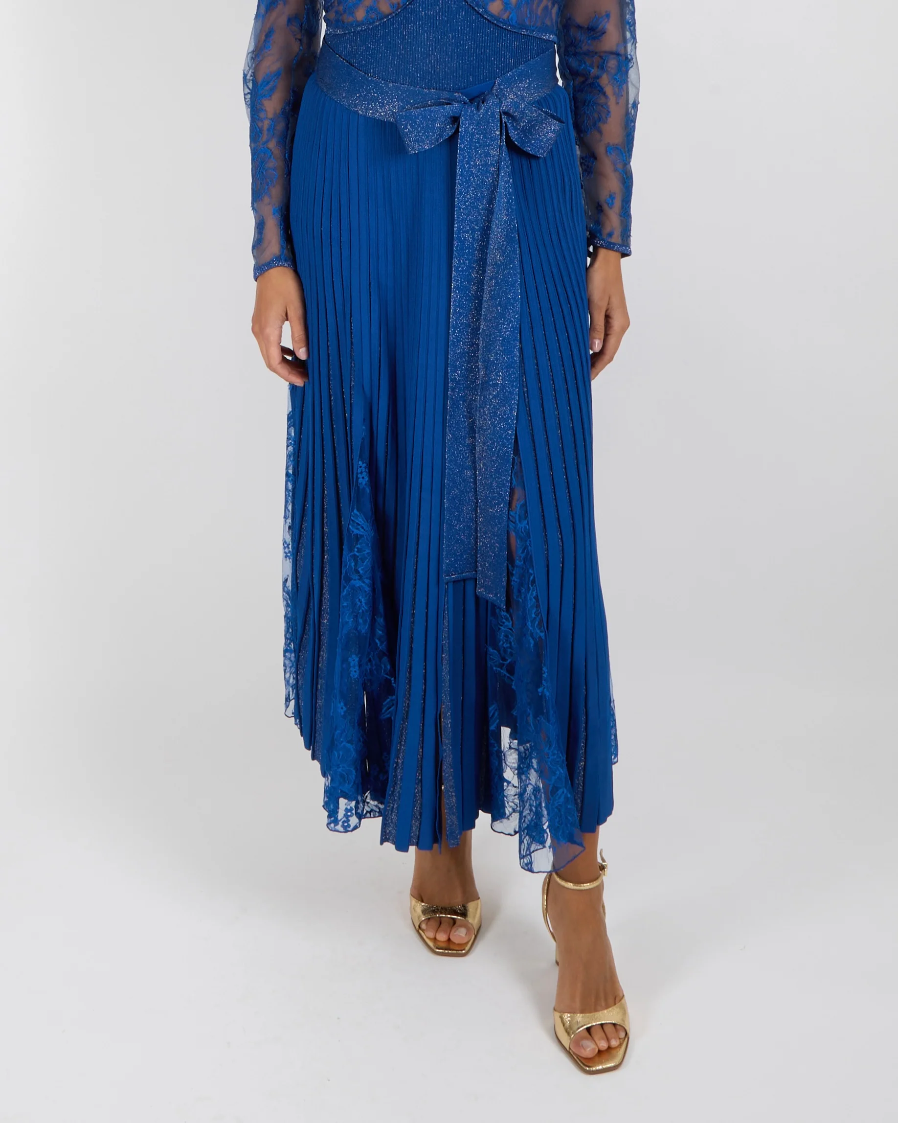 Elie Saab Blue Metallic Bodysuit and Skirt Set with Lace Details and Gold Buttons Size FR 40 (UK 12) - Image 3