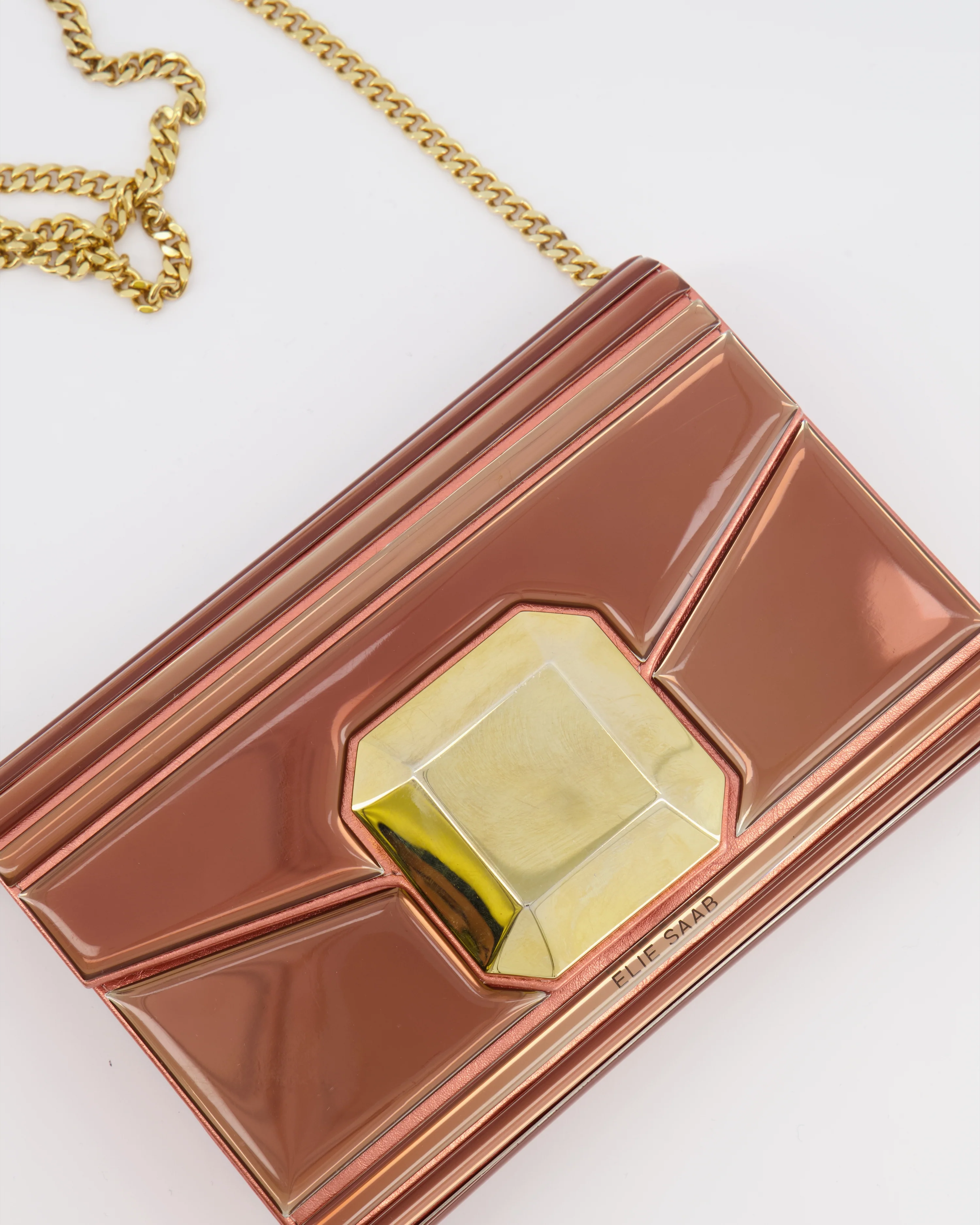 Elie Saab Bronze Pink Plexi Clutch on Chain Bag with Gold Hardware - Image 5