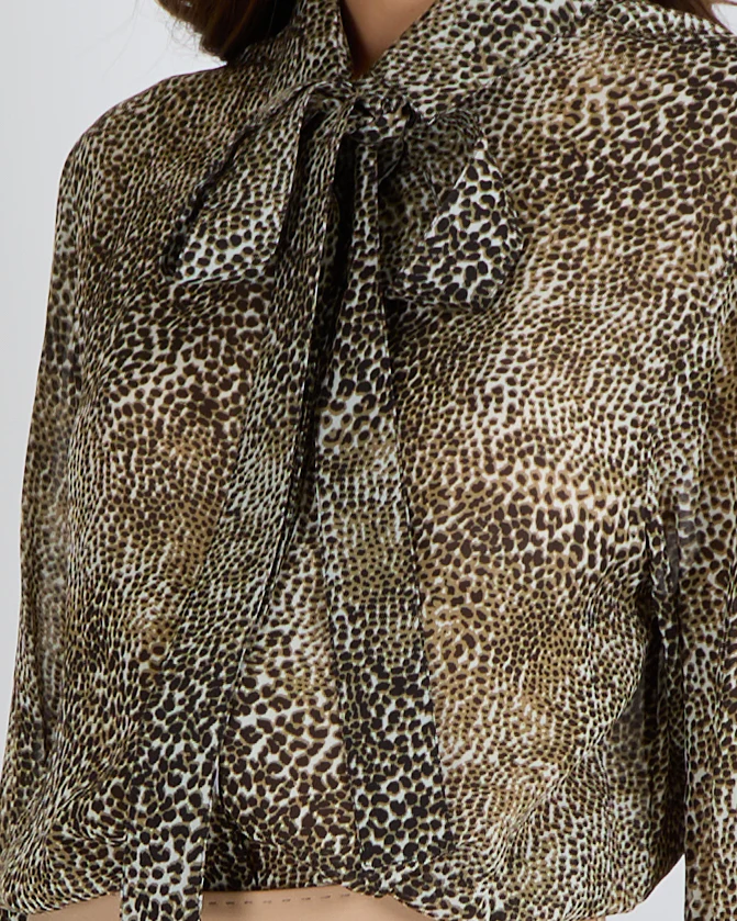 Elie Saab Brown Leopard Print Sheer Blouse with Neck Ribbon Detail Size FR 42 (UK 14) - Image 2