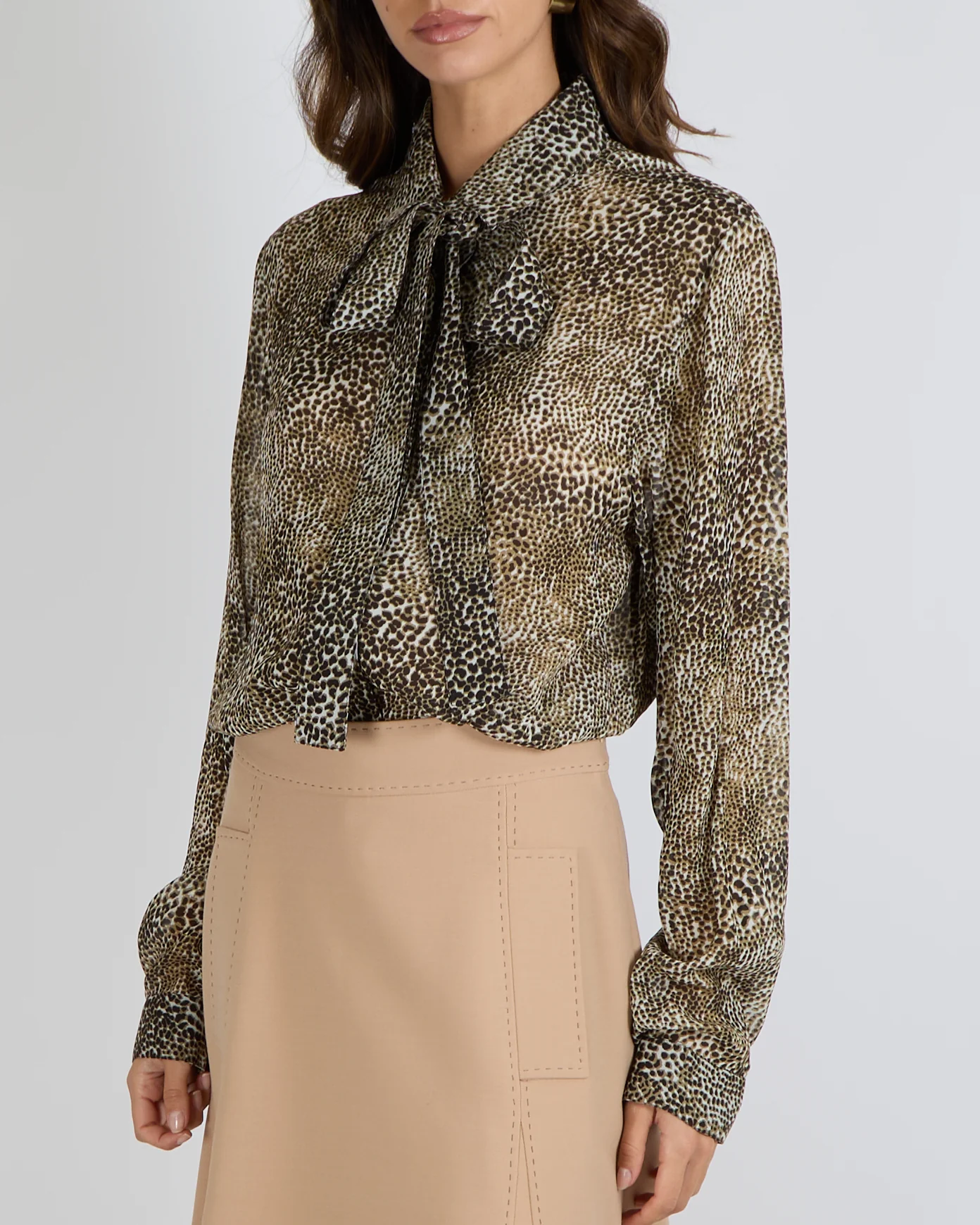 Elie Saab Brown Leopard Print Sheer Blouse with Neck Ribbon Detail Size FR 42 (UK 14) - Image 3