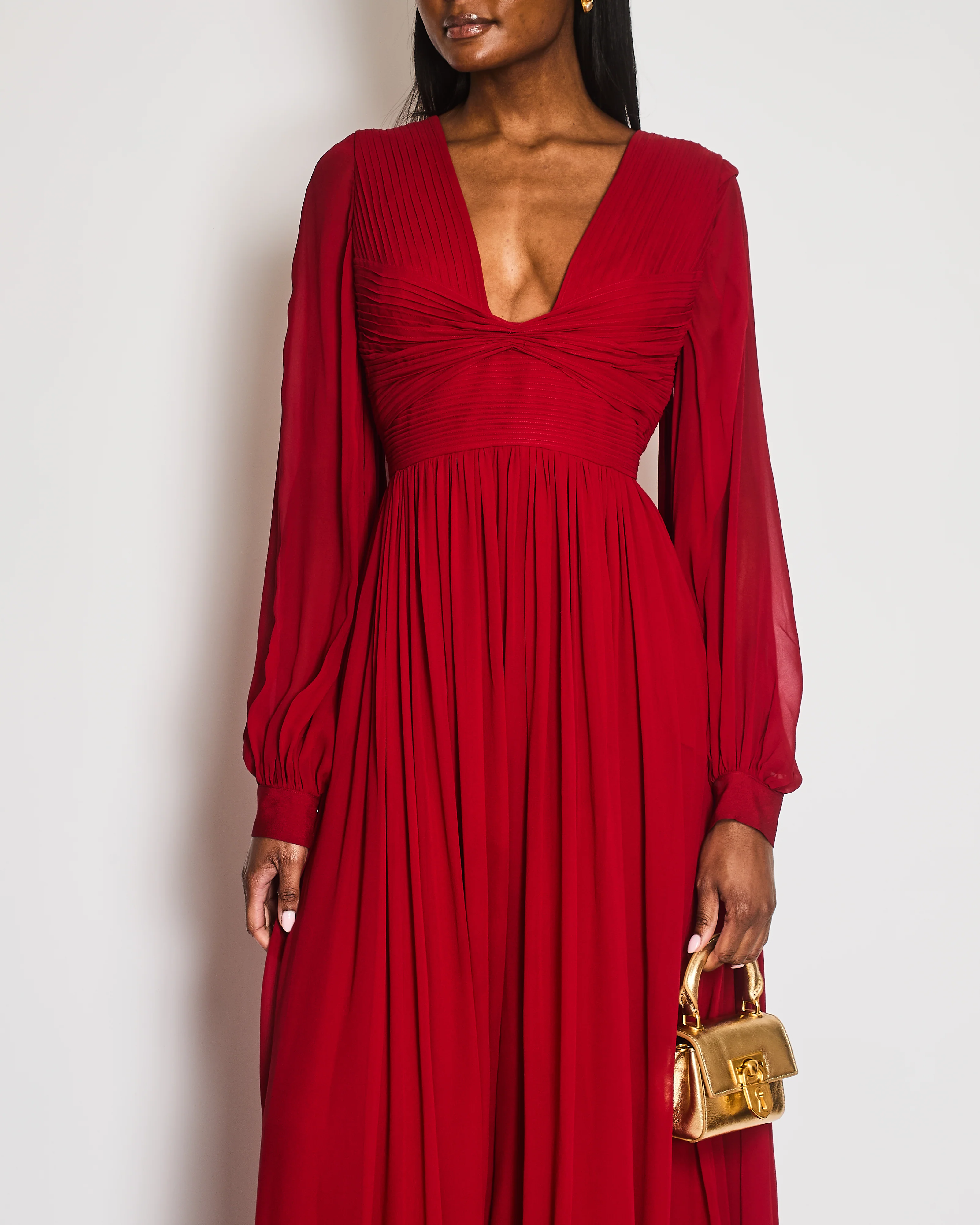 Elie Saab Red Silk Pleated Gown with Back Drapes and Gold Buttons Detail Size FR 44 (UK 16) - Image 2